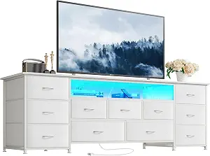  63 Inch TV Stand for 65, 70 Inch TV, 11 Drawer Long Dresser with Power Outlets and LED Lights, Entertainment Center with Storage, White Dresser with PU Leather Surface