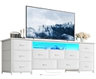 Huuger 63 Inch TV Stand for 65, 70 Inch TV, 11 Drawer Long Dresser with Power Outlets and LED Lights, Entertainment Center with Storage, White Dresser with PU Leather Surface