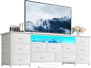 Huuger 63 Inch TV Stand for 65, 70 Inch TV, 11 Drawer Long Dresser with Power Outlets and LED Lights, Entertainment Center with Storage, White Dresser with PU Leather Surface