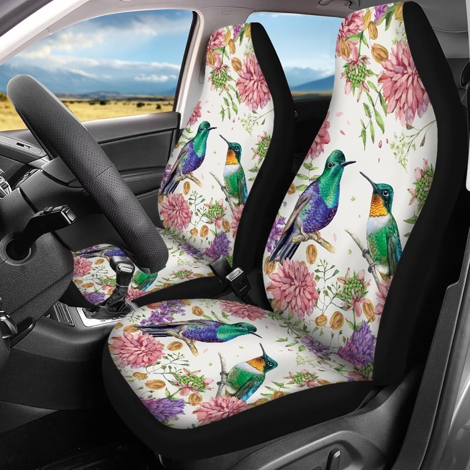 DISNIMO Hummingbird Floral Car Seat Covers for Women Men, 2 Piece Front Seat Protector Cover Universal Bucket Seat Cover for Car SUV Auto Sedan Van