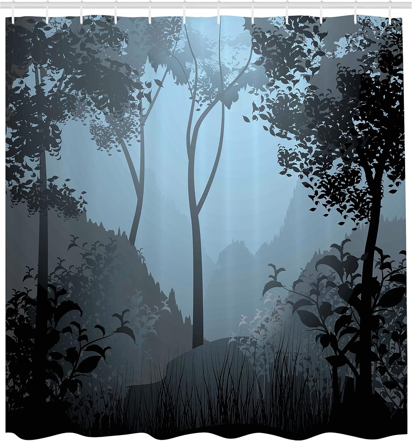 Ambesonne Nature Shower Curtain, Foggy Forest and Cloudy Sky View Tree Silhouettes Jungle Wild Tropical Picture, Cloth Fabric Bathroom Decor Set with Hooks, 69" W x 75" L, Blue Grey