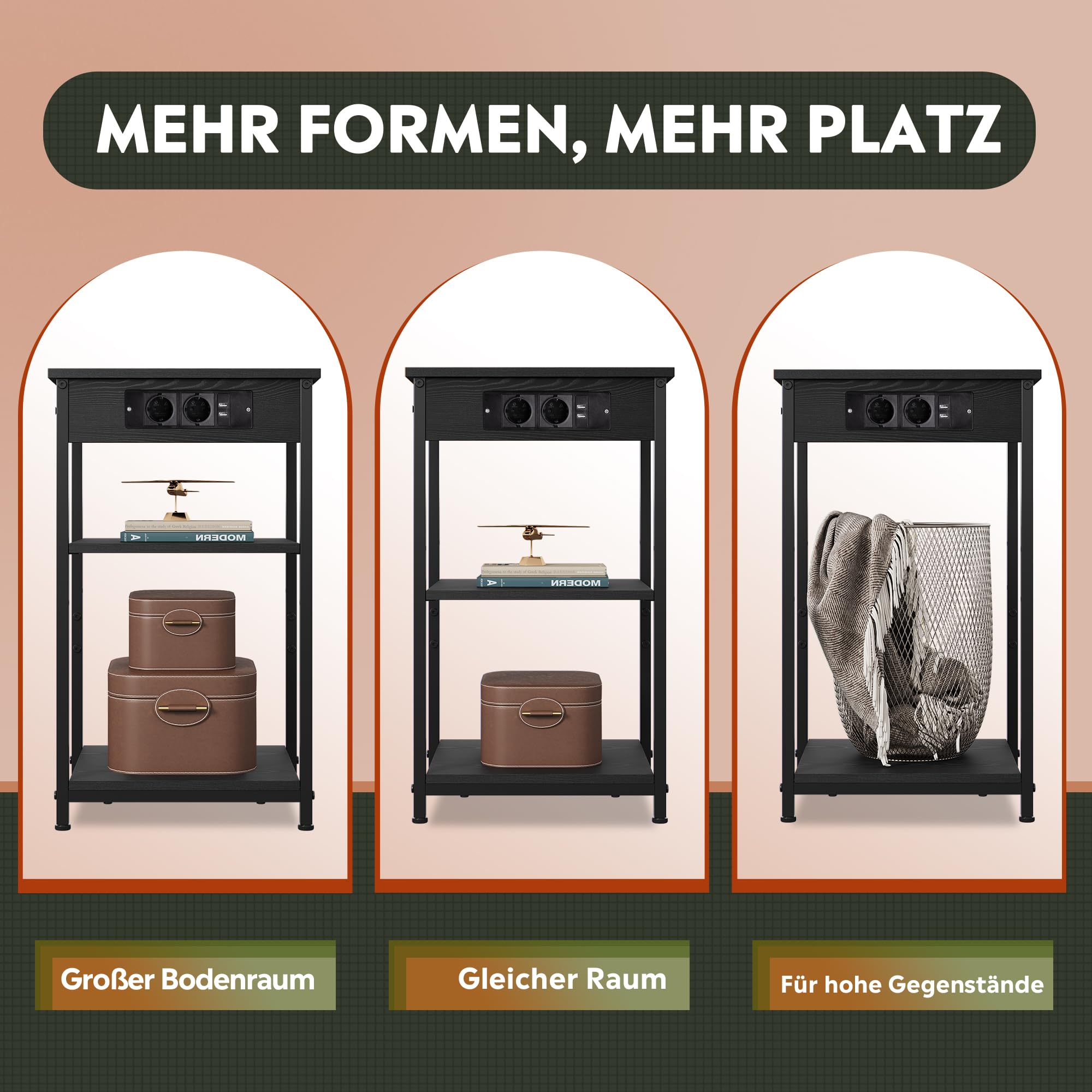 WLIVE Beistelltisch Schwarz, 3-Stufiger Klein Nachttisch mit Steckdosenleiste, Zeitschriftenhalter, Sofatisch mit Ablage für Wohnzimmer, Schlafzimmer, kleine Räume, Schwarz