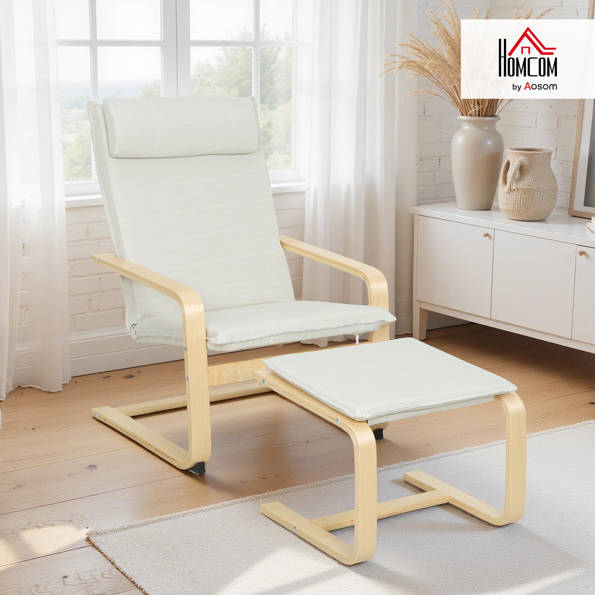 HOMCOM Sillón con Reposapiés Sillón Lectura con Respaldo Alto Reposacabezas Extraíble Patas de Madera y Tapizado en Lino Butaca para Salón Dormitorio Oficina Crema