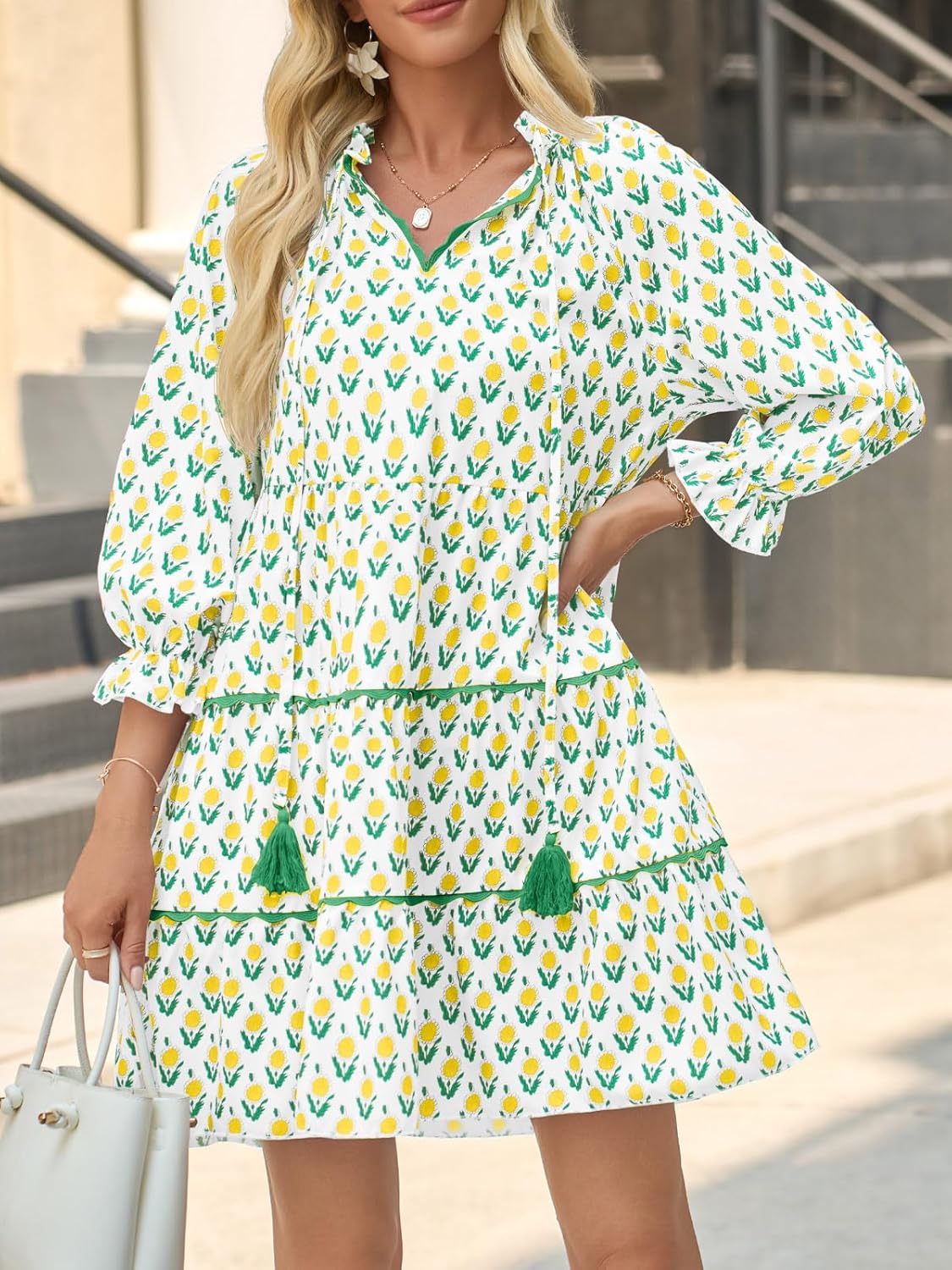 Wenrine Womens Casual Mini Dress Long Sleeve Floral Ruffle V Neck Fall Loose Boho Babydoll Dresses with Pockets - Image 4