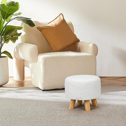 Miniatura 4 de Asense Reposapiés redondo otomano tapizado de piel sintética con patas de madera antideslizantes, color blanco