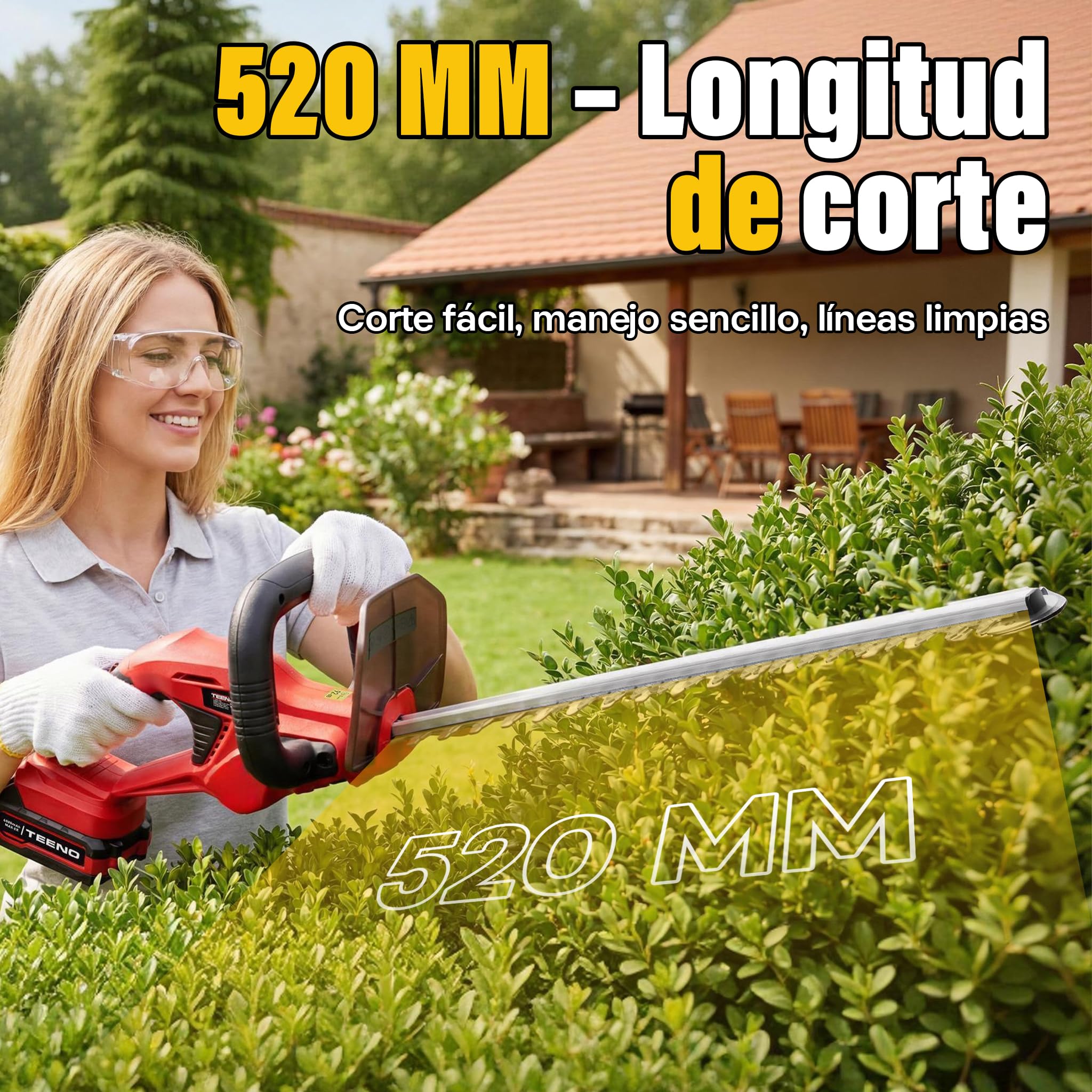 TEENO Cortasetos batería 20 V, Cortasetos eléctrico para setos y arbustos, con 1 batería 4000 mAh, Hoja de 52 cm, Corte 16 mm, Mango Giratorio 180°,para jardín doméstico