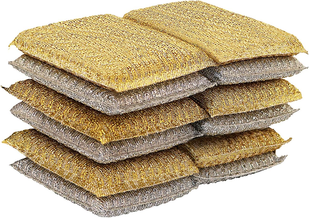 Gold and Silver Kitchen Sponge Scrubber, Heavy Duty Metallic Sink, Pot, Dish Washing Scrubber Non-Scratch, Non-Metal, Kosher Sponge, Pack of 12 (Superio)