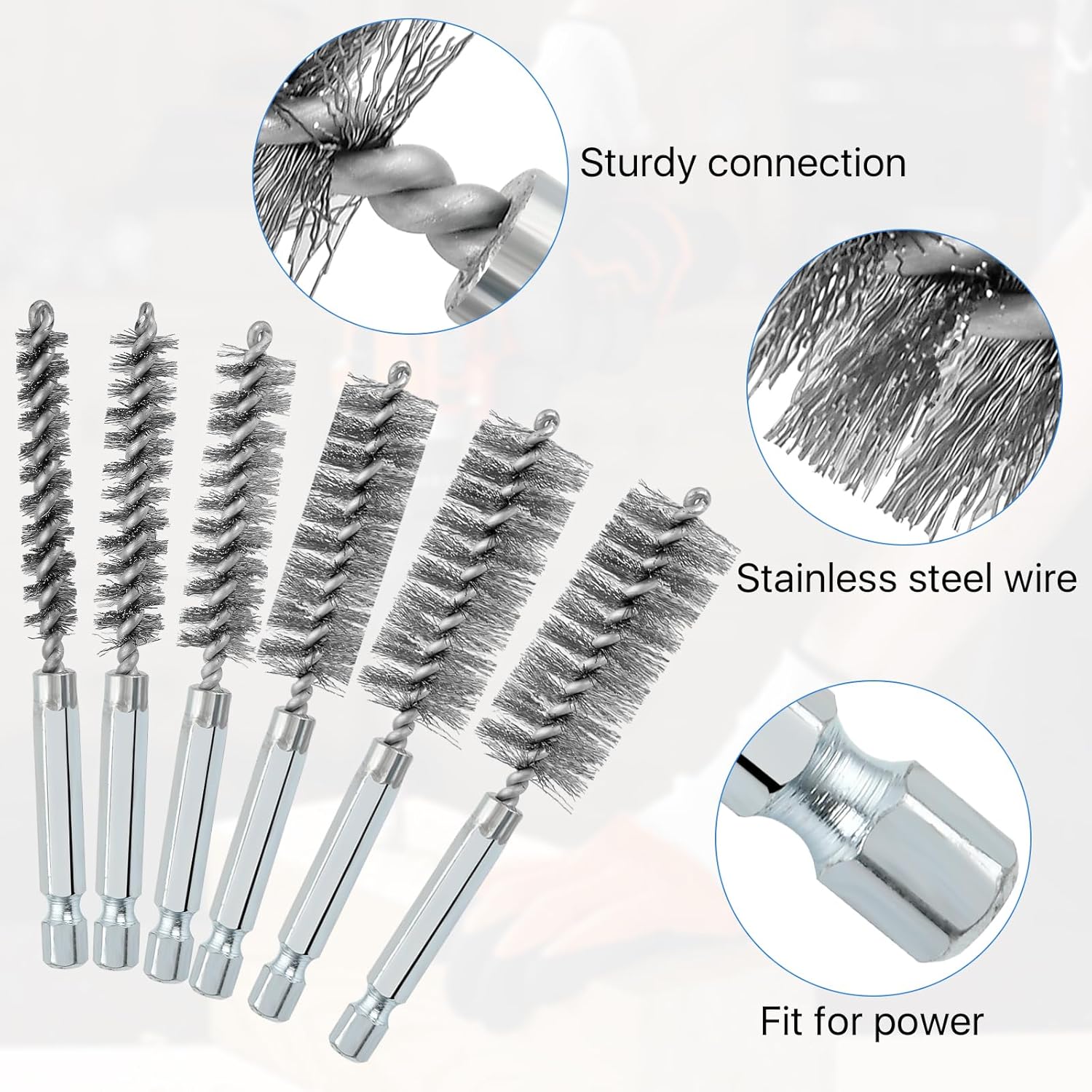 18 Pcs Wire Brush for Drill, Stainless Steel Bore Brush with 1/4" Hex Shank, Metal Tube Cleaning Brush, Brush Attachment for Drill Impact Driver in 6 Sizes(8mm, 10mm, 12mm, 15mm, 17mm, 19mm)