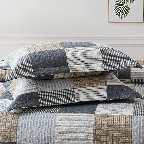 Vista 40 de PANGUSHAN Juego de edredón de 100 % algodón, tamaño Queen, juego de ropa de cama de retazos a cuadros, edredón reversible ligero de granja, colcha