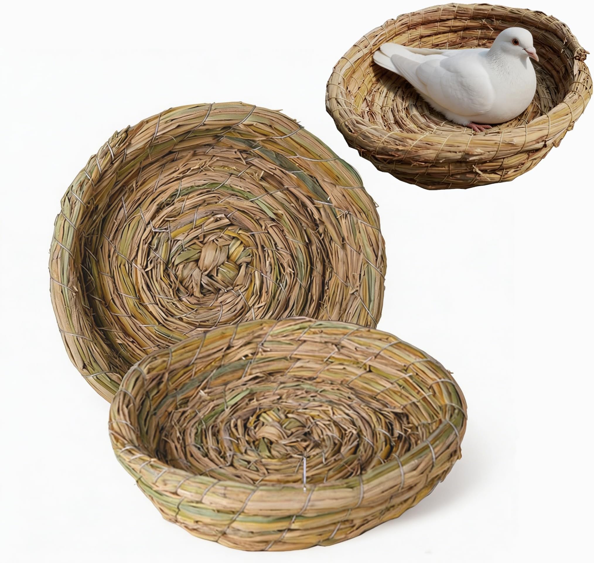 Orgrimmar 2PCS Handmade Woven Flat Base Straw Bird Nest Breeding Nest Hatch House Cage for Dove, Pigeon, Parrot, Rabbits, Hamster, Gerbil Guinea Pig, Chinchillas