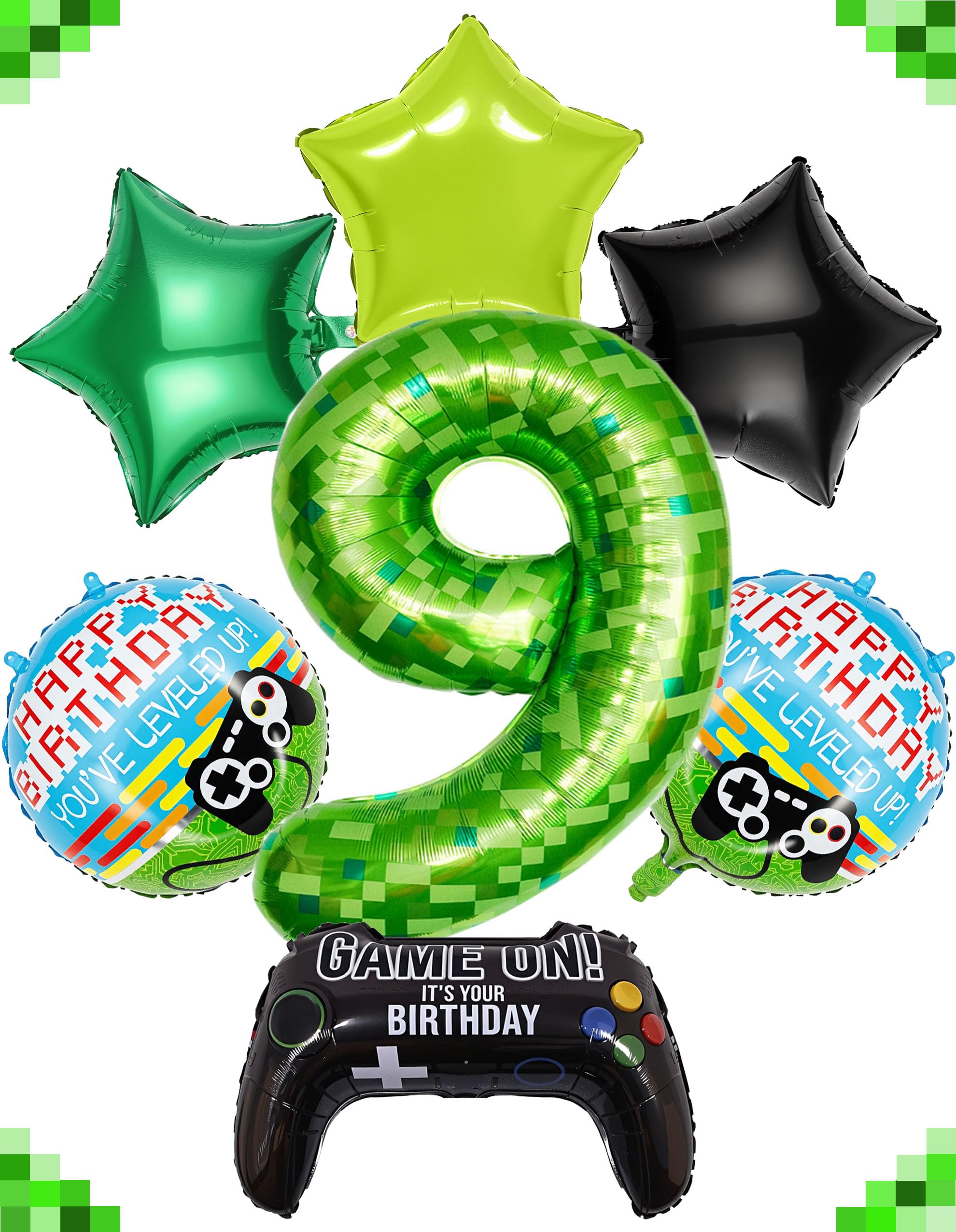 7 x Videospiel-Grüne Pixel-Miner-Motto-Party-Dekorationen, 101,6 cm große Mining-Zahlen-Luftballons, Geburtstagsparty-Dekorationen für Kindergeburtstag, Jahrestag, Party