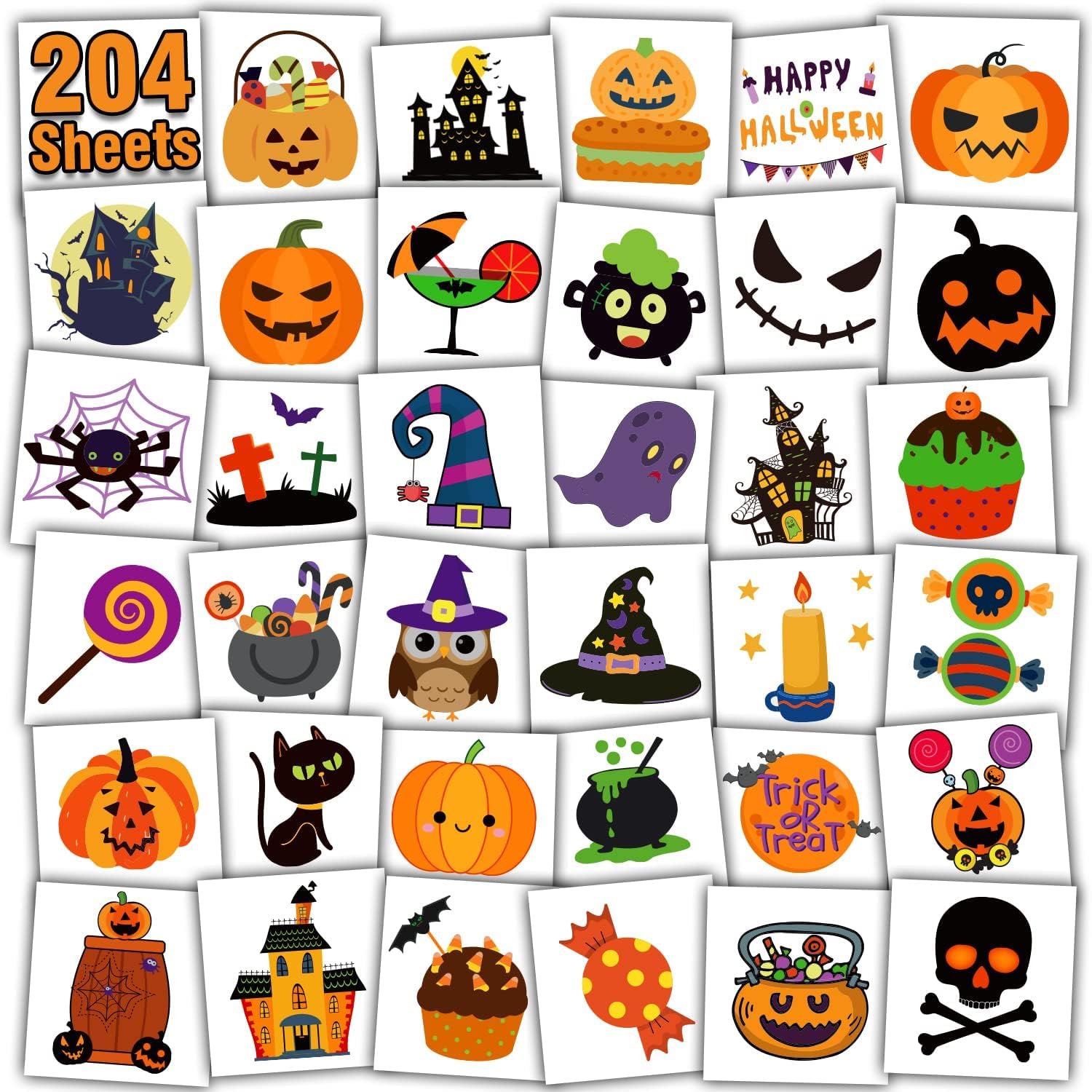 Leesgel Halloween Party Bag Fillers, 204 Sheets Individually Wrapped Temporary Tattoos for Kids Halloween Decorations, Fake Tattoos Stickers for Birthday Supplies Games Toys Favors