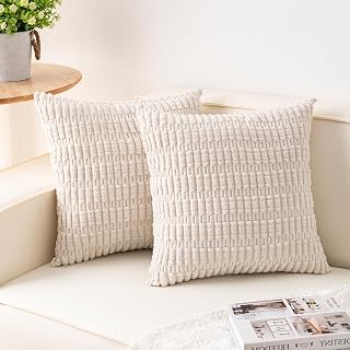 Aegero 2 Pack Corduroy Striped Throw Pillow Covers 18x18 Inch Cream White Farmhouse Decor for Sofa Couch Bed