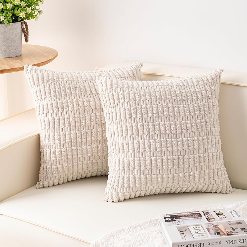 Paquete de 2 fundas de almohada decorativas de pana de 18.0 x 18.0 in, color blanco crema | Fundas de almohada a rayas suaves de otoño, decoración moderna para el hogar, fundas de almohada navideñas para sofá, sala de estar, sofá cama