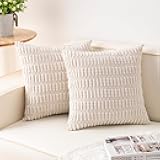 Aegero Pack of 2 Corduroy Decorative Throw Pillow Covers 18x18 Inch Soft Striped Pillow Covers Modern Farmhouse Home Decor for Sofa Living Room Couch Bed(Cream White)