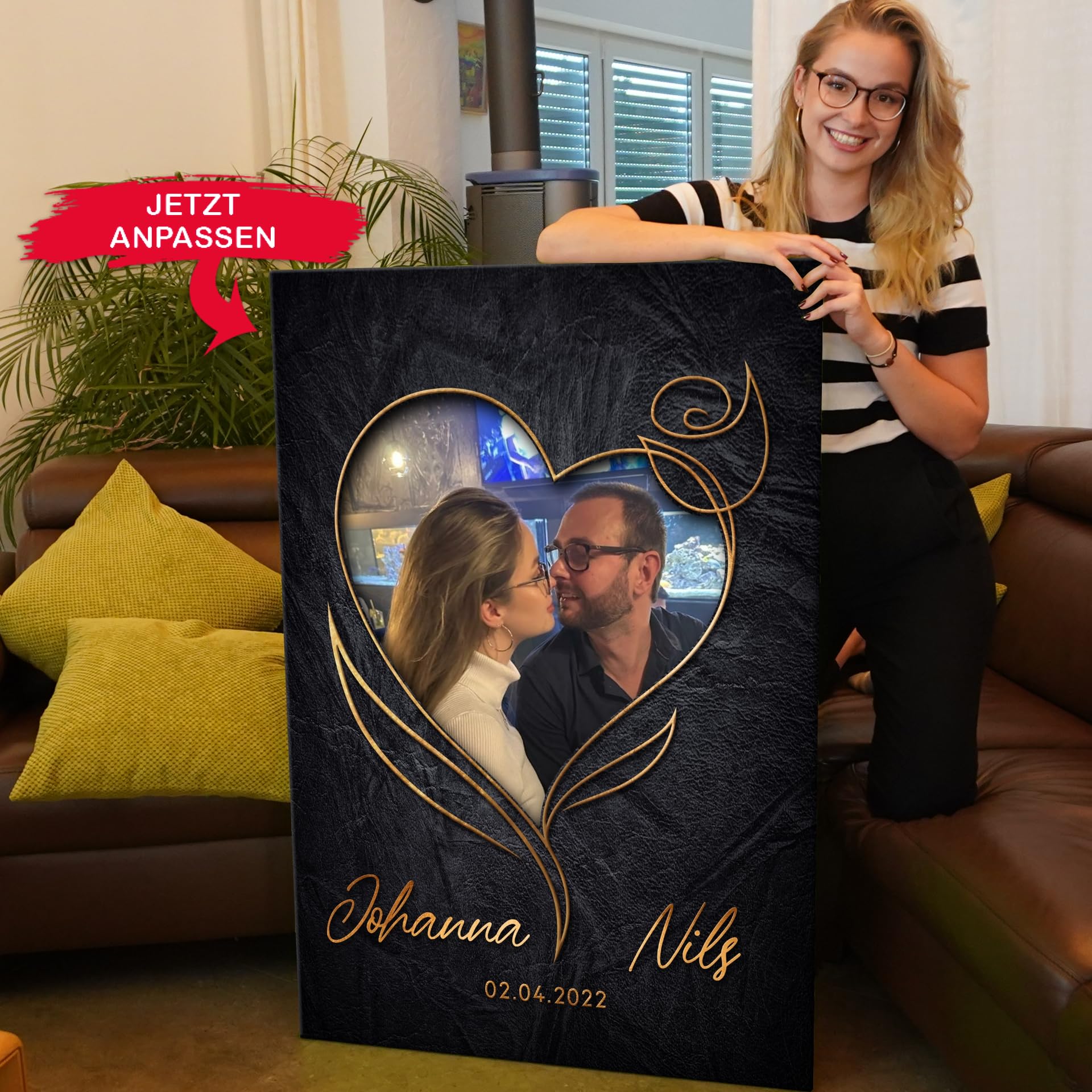 Liebesleinwand Foto Leinwand personalisiert Elegante Rosenpracht | Geschenk für sie oder ihn zum Jahrestag, Verlobung, Hochzeitstag | Leinwand mit Foto gestalten mit Namen und Datum