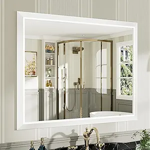 40x32 Inch White Bathroom Mirror for Wall, Thick Metal Framed Rectangle Mirrors for Over Sink, Bedroom, Living Room, Entryway, Anti-Rust, HD Tempered Glass
