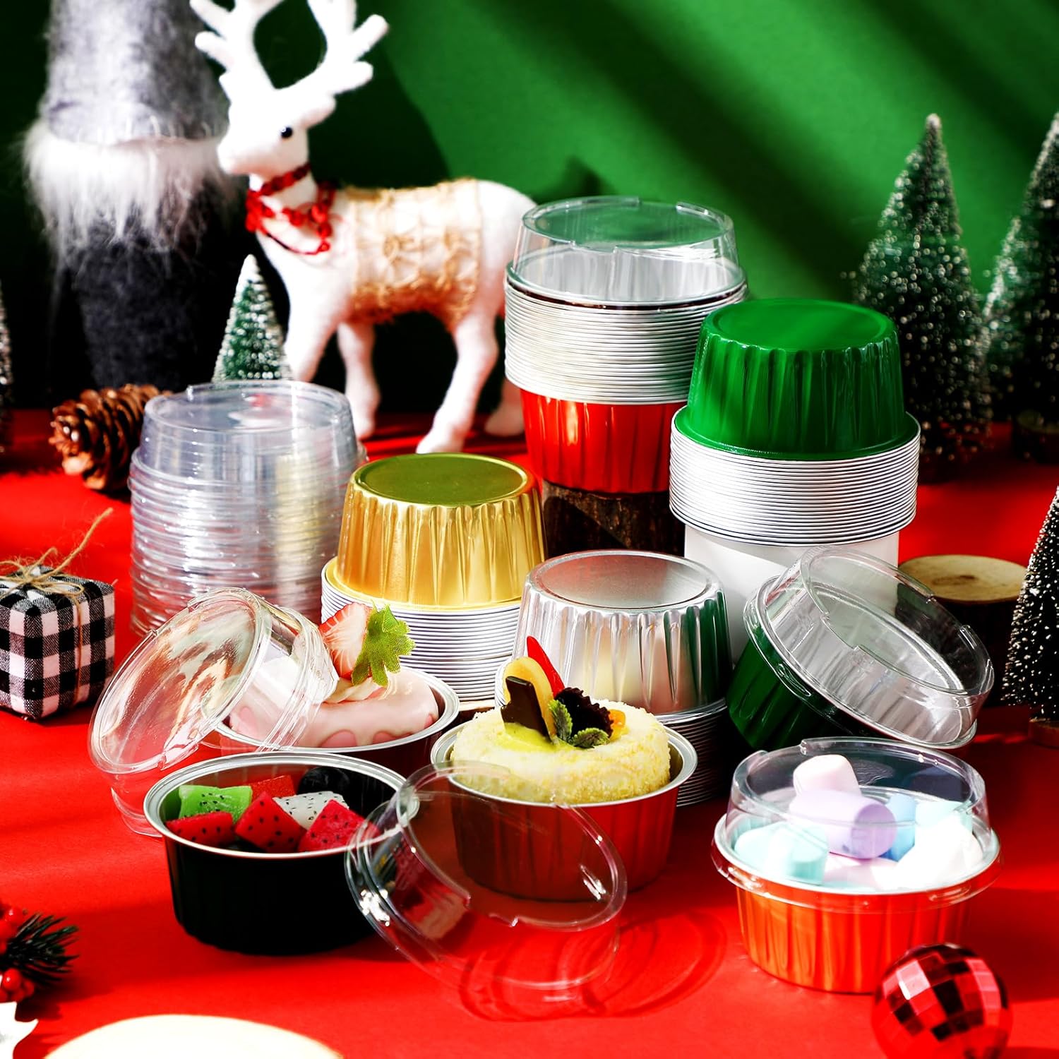 100 Pcs Christmas Baking Cups with Lids 5 oz Mini Pink Aluminum Foil Cupcake Red Baking Cups for Valentines Party Round Dessert Pans Molds Containers (Red,Green,Gold,Silver) 100 Red, Green, Gold, Silver
