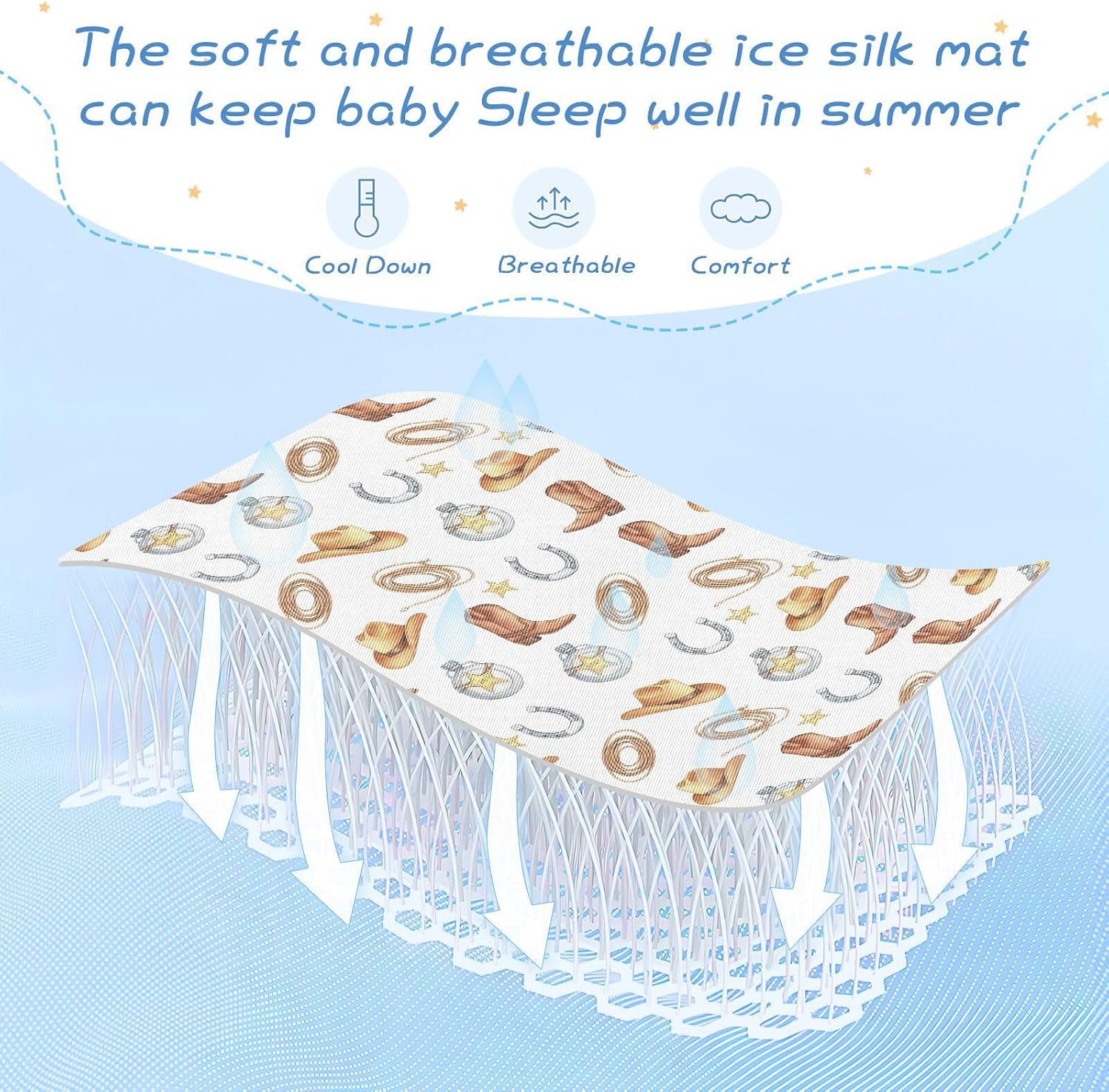 Baby Cooling Mat Western Cowboy Theme Ice Silk Breathable Mesh Summer Crib Mattress Pad with Pillowcase, Soft Cooling Sleeping Surface for Infant & Toddler, 52"x28"