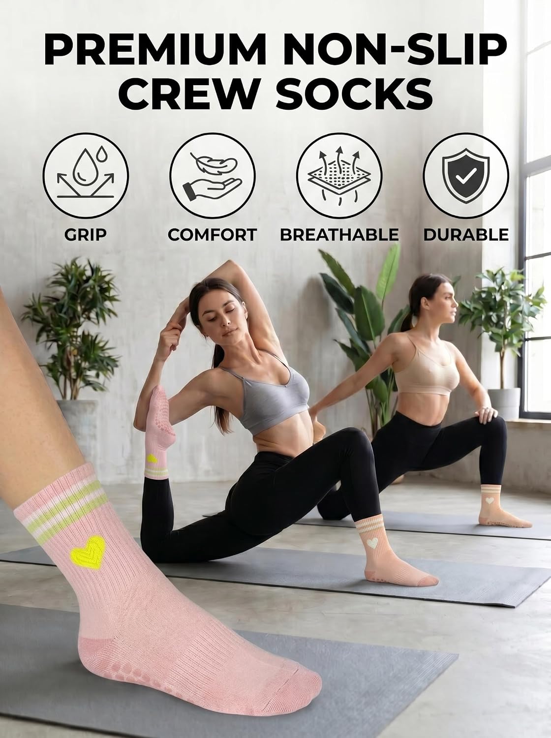 3 Pairs Women's Non Slip Yoga Socks with Anti-Slip Design for Women to Practice Pilates,Ballet,Dance,Home Workout