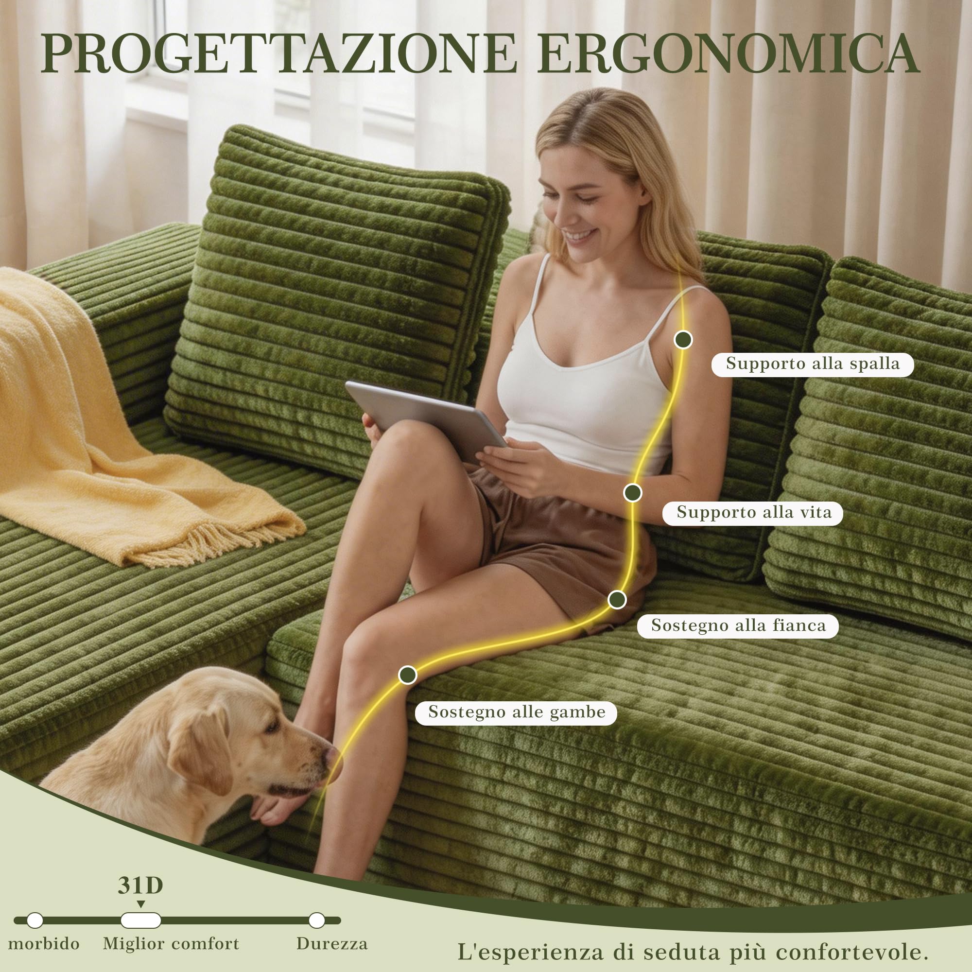 Canapé d'angle 261x145cm en Velours Côtelé - Mousse à Mémoire et Haute Résilience - Confort Orthopédique et Respirant - Canapé d'accueil Moderne Vert pour Salon