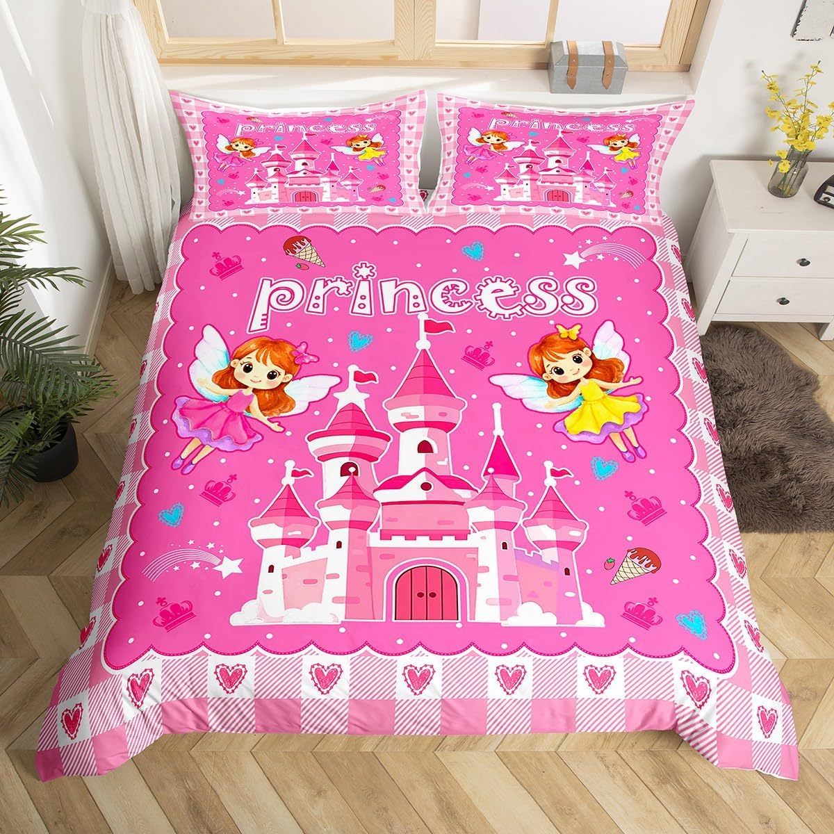 jejeloiu Princess Duvet Cover Pink Castle Dreamy Bedding Set for Kids Boys Girls Flowers Garden Comforter Cover Girlish Theme Bedspread Cover Bedroom Collection 2Pcs Toddler Size,No Comforter