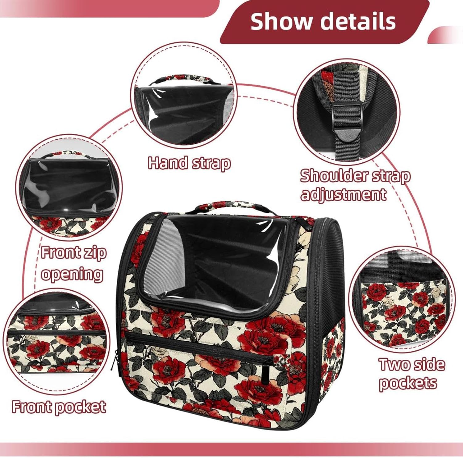 Portable Travel pet Backpack Carrier Hamster Bag Small Dog cat Carrier Breathable Hang Bag, Floral Flower Red Roses