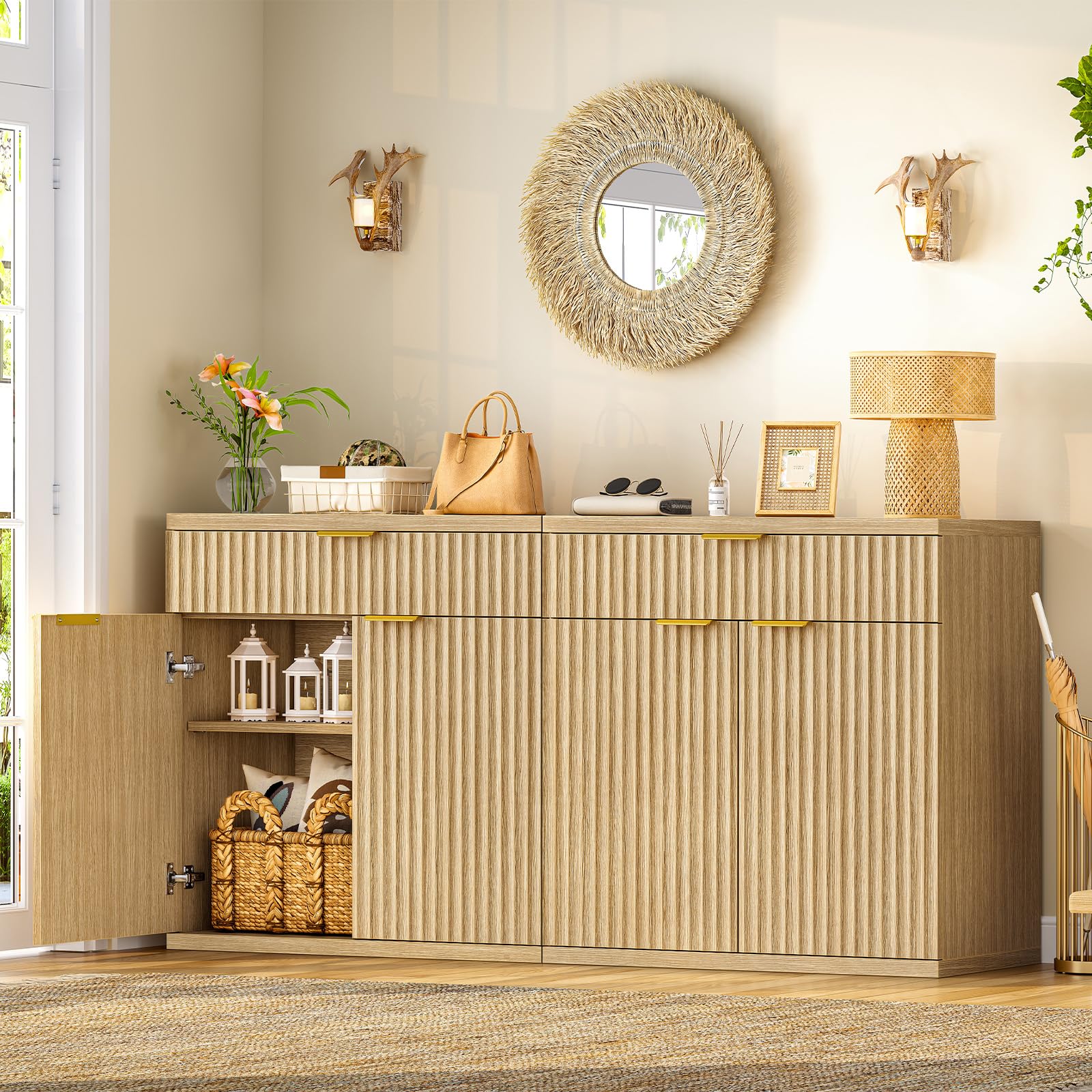 TEENFON Credenza Cucina Scanalata, Mobile con Cassetto e Ripiano Regolabile, Mobiletto Cucina in Legno Naturale con Maniglie Dorate, Credenza Soggiorno per cucina, soggiorno, ingresso-80x38x80cm