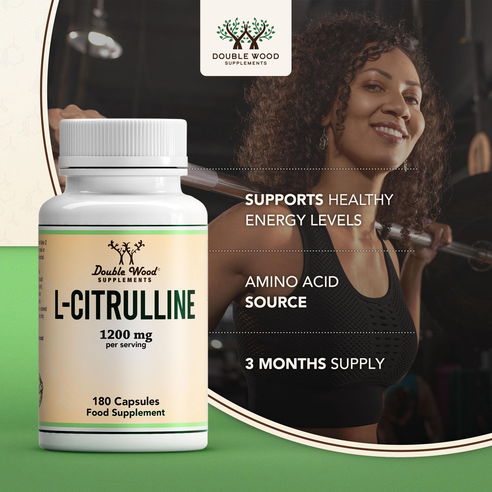 Double Wood L-Citrullin | 180 Citrullin Kapseln – 1200 mg pro Portion | Nahrungsergänzungsmittel mit Stickstoffmonoxid | Gentechnik- und glutenfrei (180 Kapseln)
