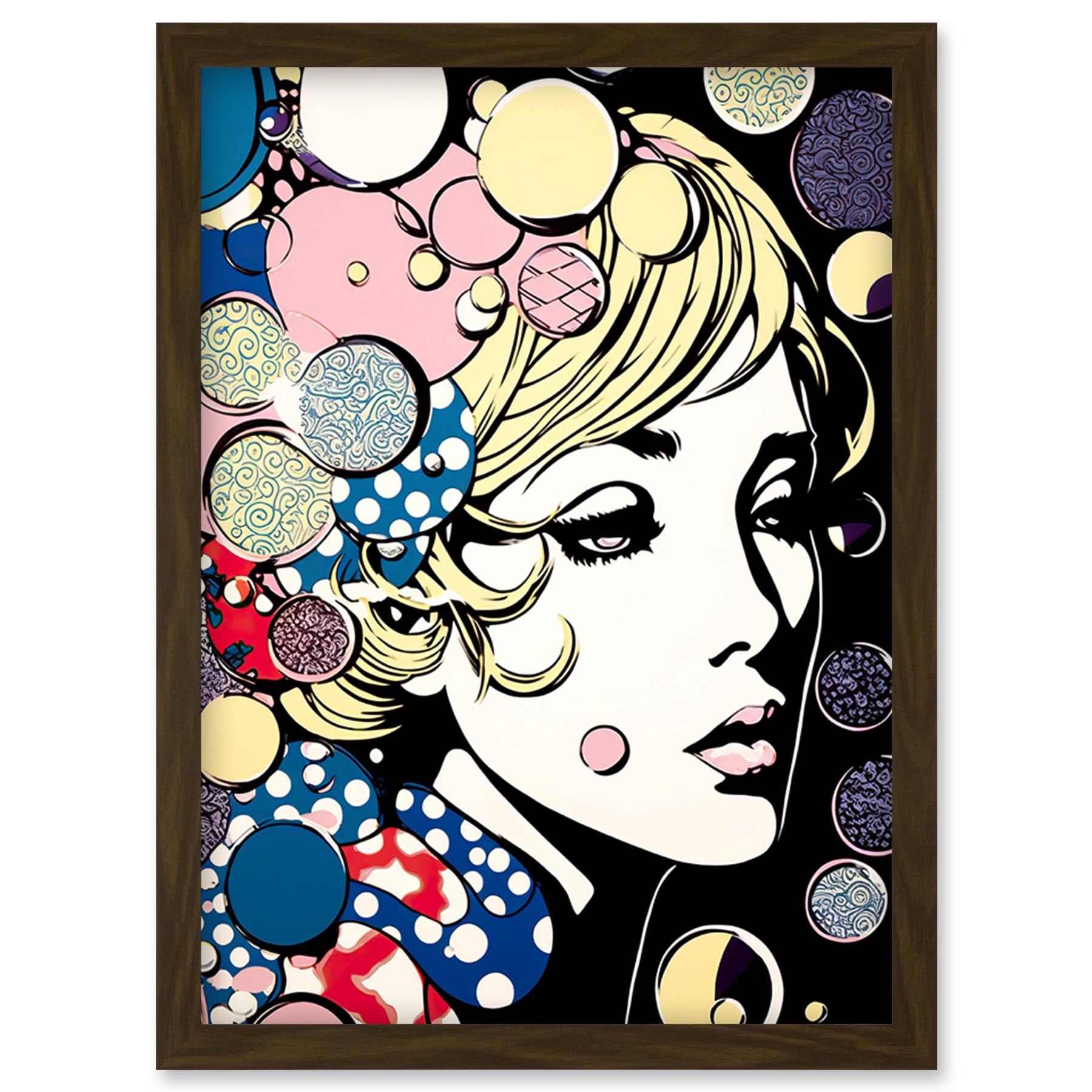 Artery8 Modern Woman Blonde Portrait Pop Art Bubbles Patterns Colourful Comic Book Halftone Artwork Framed Wall Art Print A4