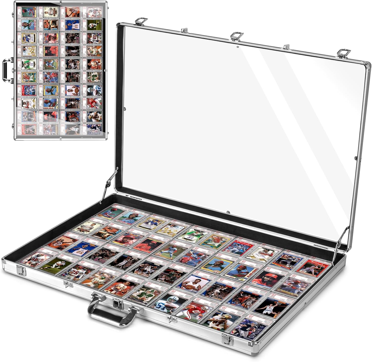 Trade Show Display Case, Aluminum and Acrylic Card Case with Lockable Hanger, Large Table Top Display Case for Sports Baseball PSA Graded MTG Cards, Collectibles, and Jewelry