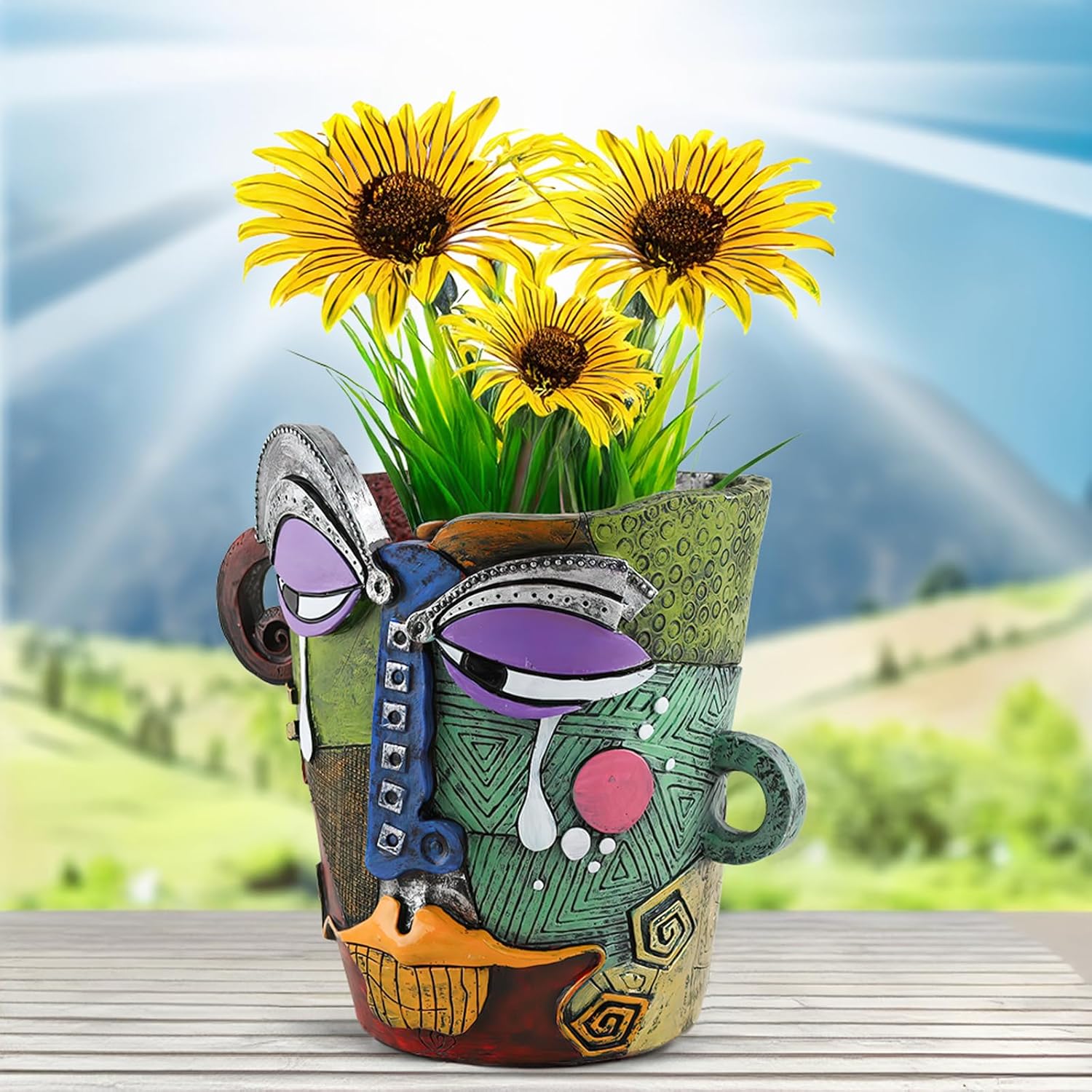 Picasso Flower Pot Colorful Face Art Abstract Resin Flower Pot Unique Face Flower Pot Head Planter for Indoor Outdoor Plants Patio Home Art Decoration (Tears)