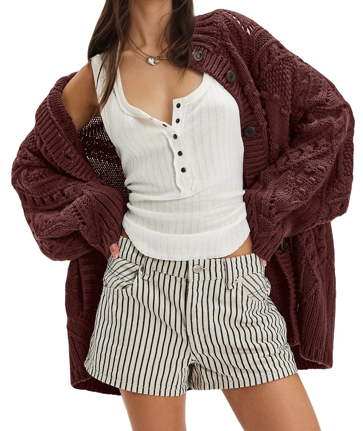 CHARTOU Women Fall Winter Chunky Cable Knit Cardigan Sweater Oversized Lapel Button Down Outwear Coat Jacket