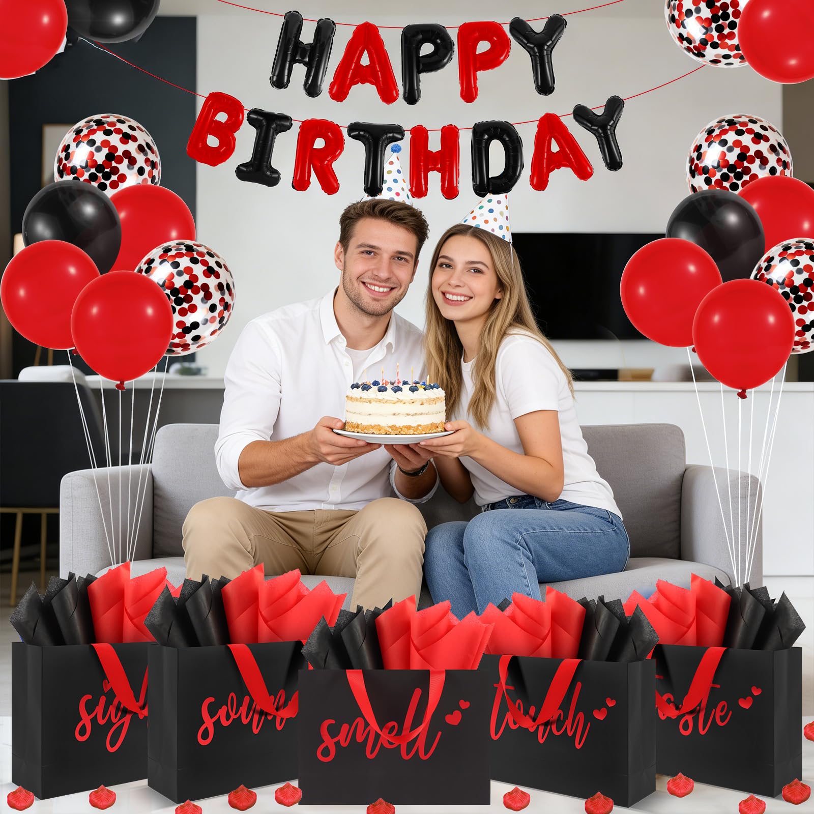 Addblu 5 Senses Gift Bags for Him with Labels Tissue Paper And Handles, 12.6"X8.7"X4" Includes Birthday Decoration Banner, Balloons, Rose Petals & Cards for Him or Her, Husband or Boyfriend (Black with red lettering)