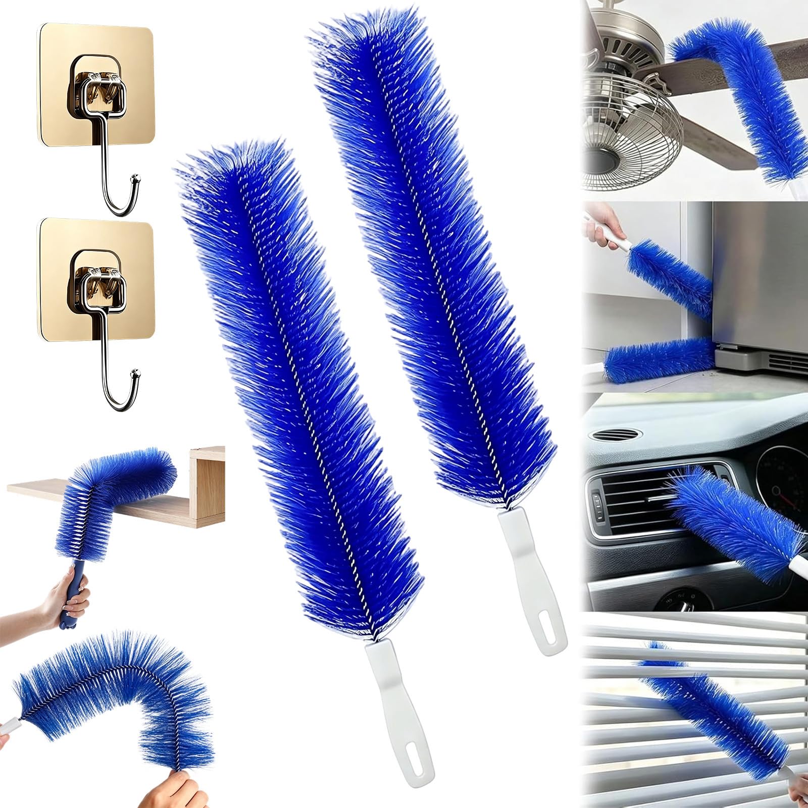 Bendable Microfiber Head, Cobweb Duster, Ceiling Fan Cleaner Duster with Flexible Head, Fan Cleaner Brush Reusable Dust Remover Washable for Electric Fans, Air Conditioning, Car Vents (2blue)