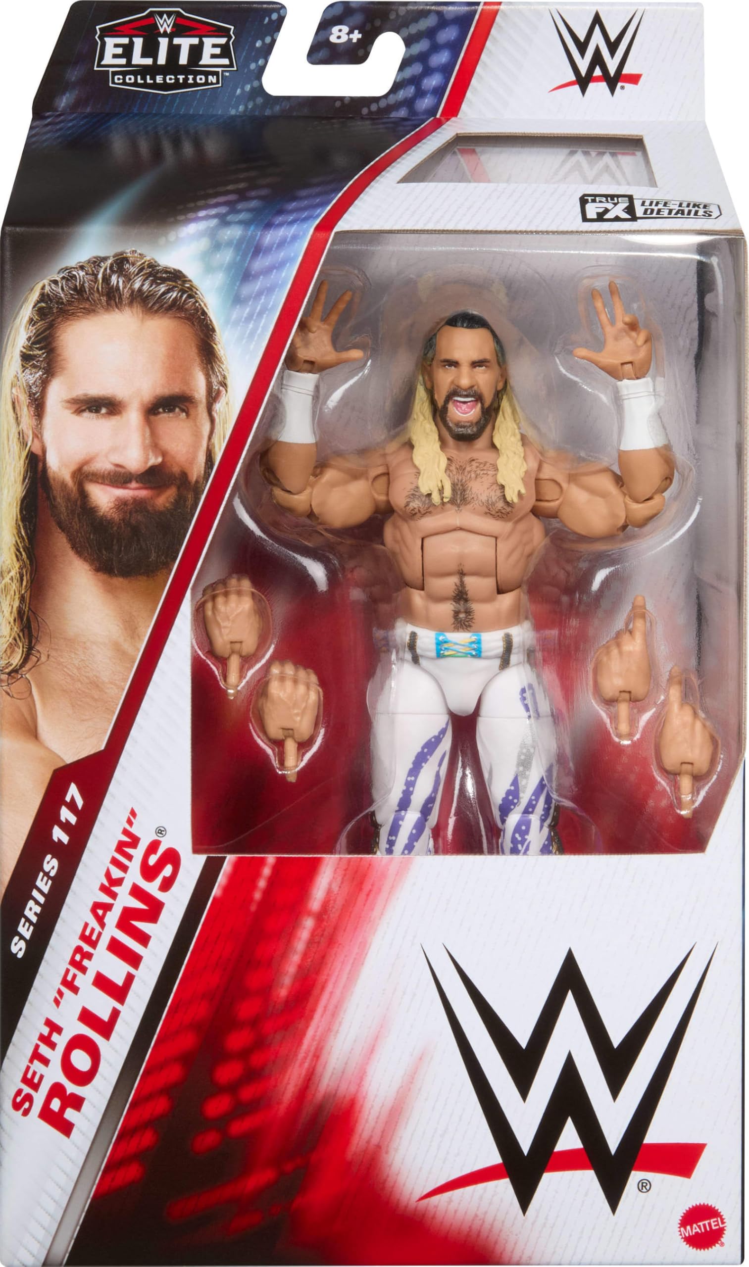 Mattel WWE Elite - Statuetta e accessori, serie #117 da 15,2 cm, collezione "Freakin" Rollins con 25 punti di articolazione e mani intercambiabili