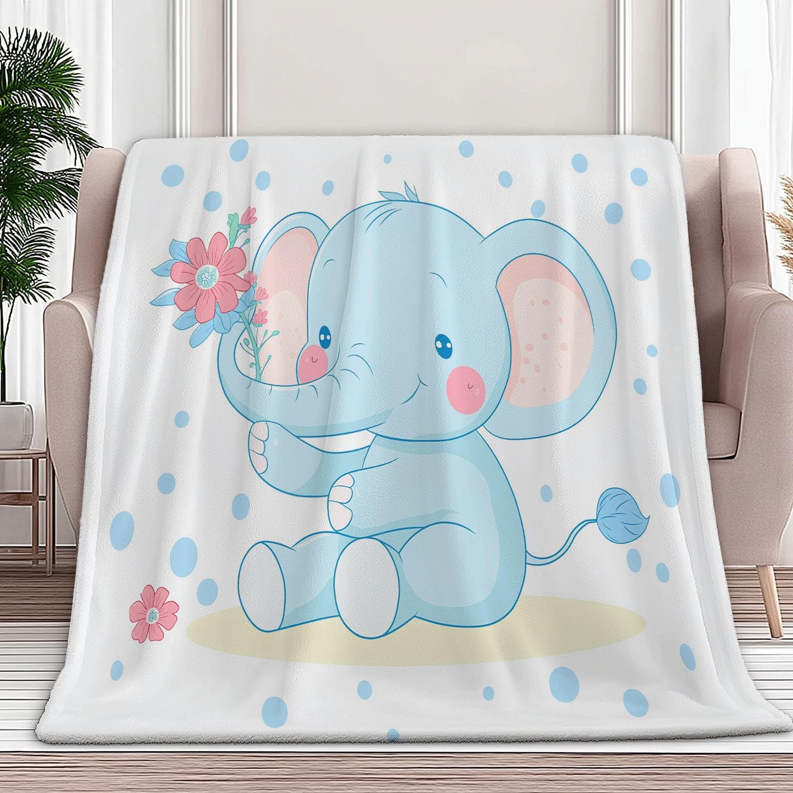Genérico Flanelowy koc polarowy 200 x 200 cm, kremowy koc z nadrukiem kreskówkowym śliczne zwierzęta słoń niemowlę-zima ciepłe dla dziewczynek chłopców dorosłych