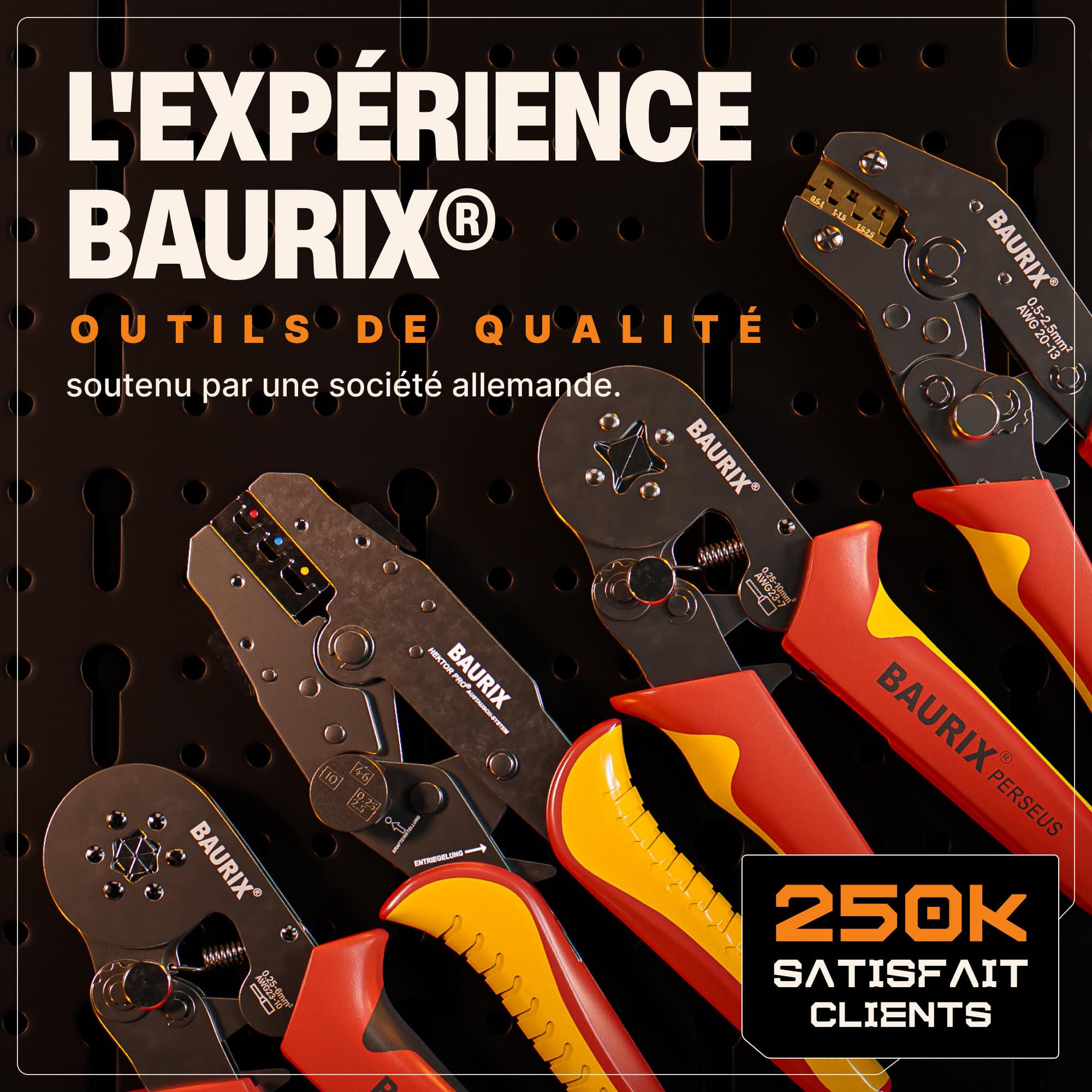 BAURIX® Pince à Sertir Mâchoires Interchangeables – + Pince à Dénuder | Modèle HEKTOR PRO & AKURA. 6 jeux de mors + pince à dénuder. Cosses, fastons, embouts et connecteurs isolés.