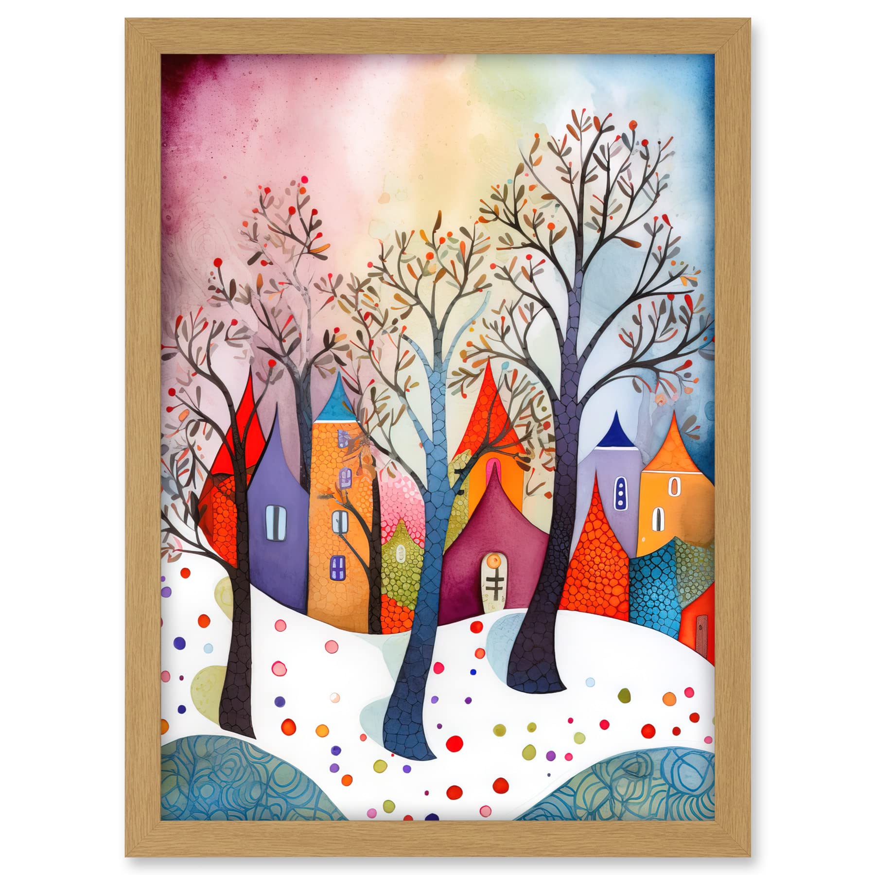 Artery8 Winter Whimsy Forest Village Folk Art Artwork Framed A3 Wall Art Print
