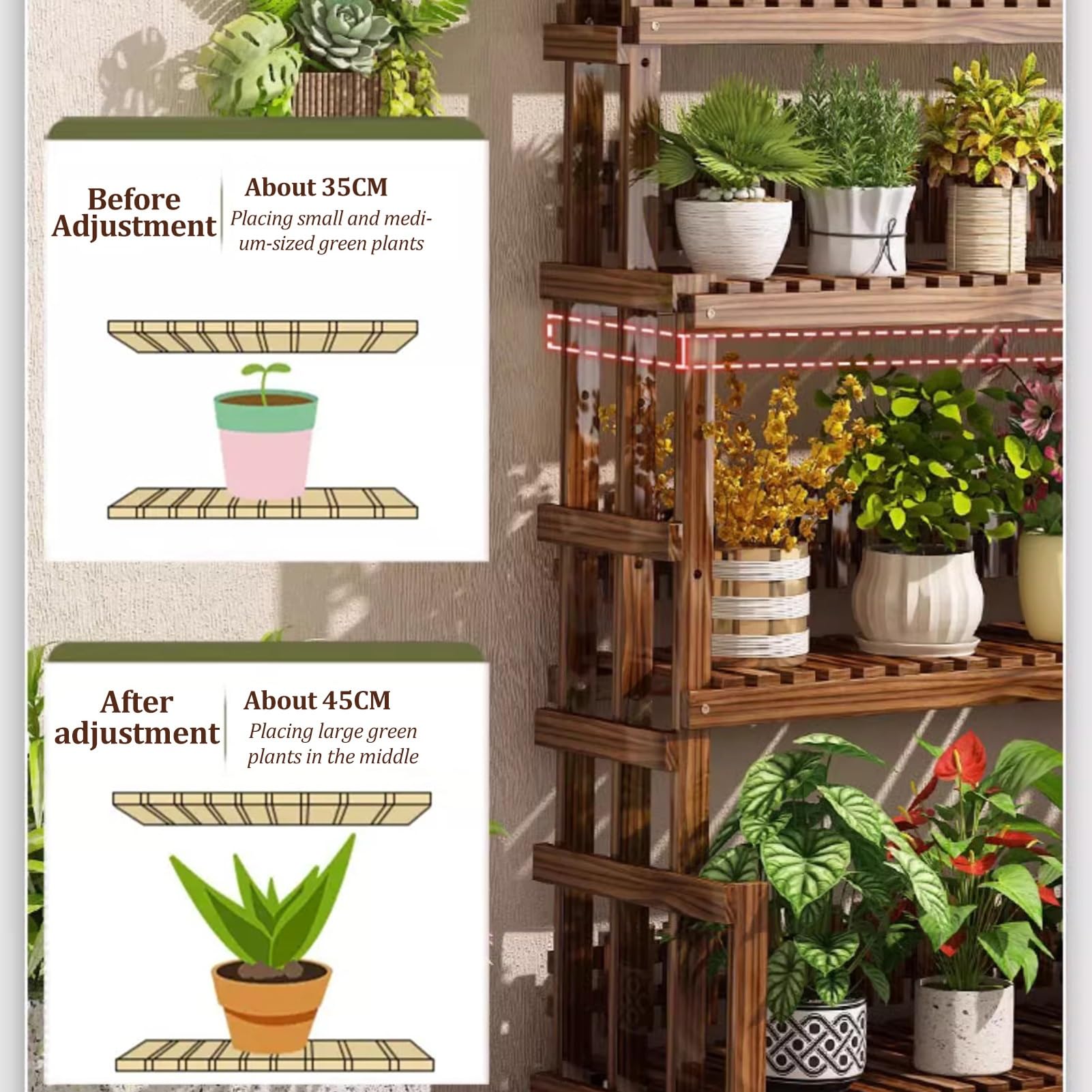 Estante De Plantas Escalonadas De 4 Pisos, Altura Ajustable, Acabado De Macetas con Poleas, Escalera De Plantas De Jardín Interior Y Exterior (Color : Brown, S : 82x42x140cm)