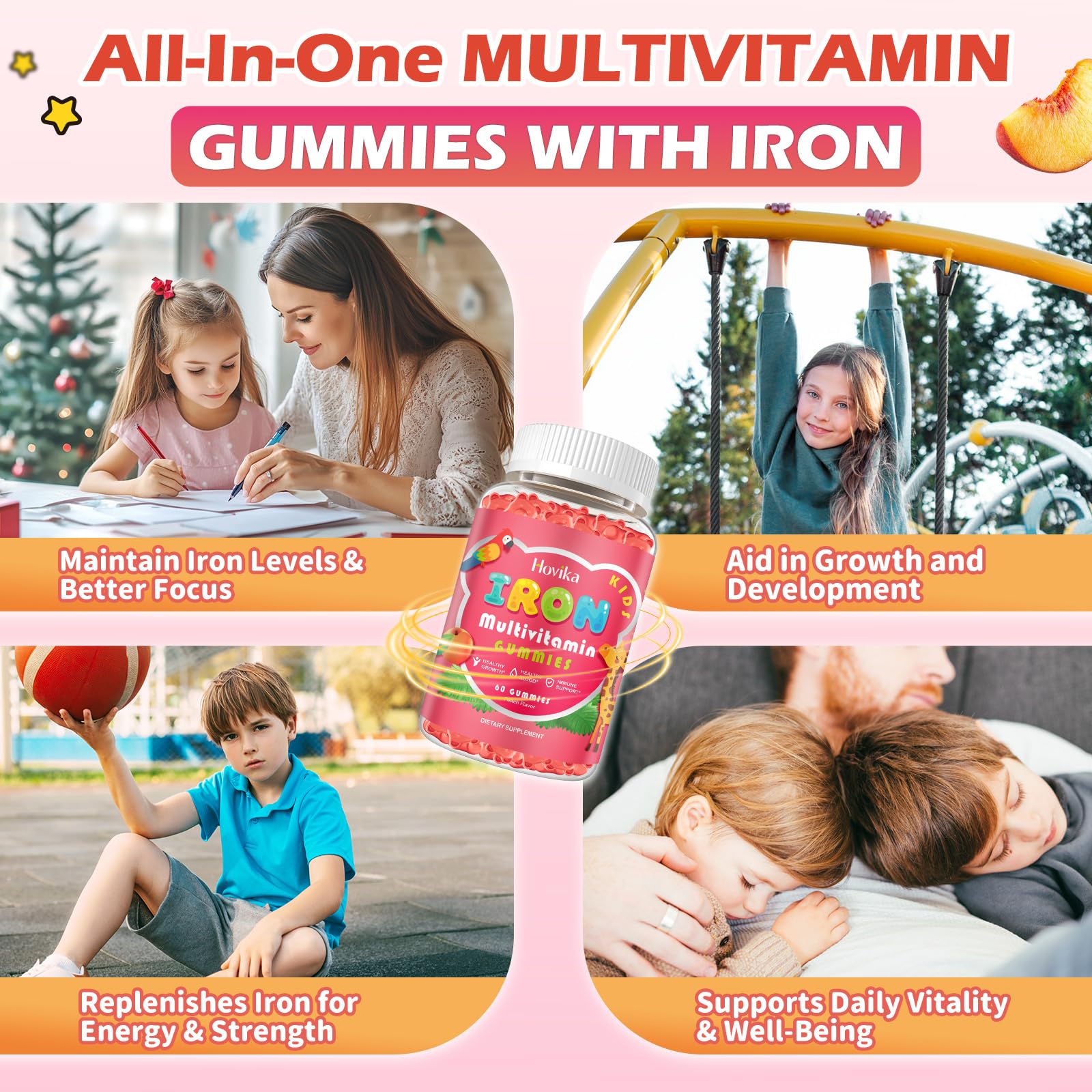 Iron Supplement Gummies for Kids with Multivitamin, Calcium, Zinc, Folate - Kids Iron Gummies Support Immune, Blood Builder, Iron Deficiency, Anemia & Energy - Vegan, Peach 60 Count — Amazon image 5