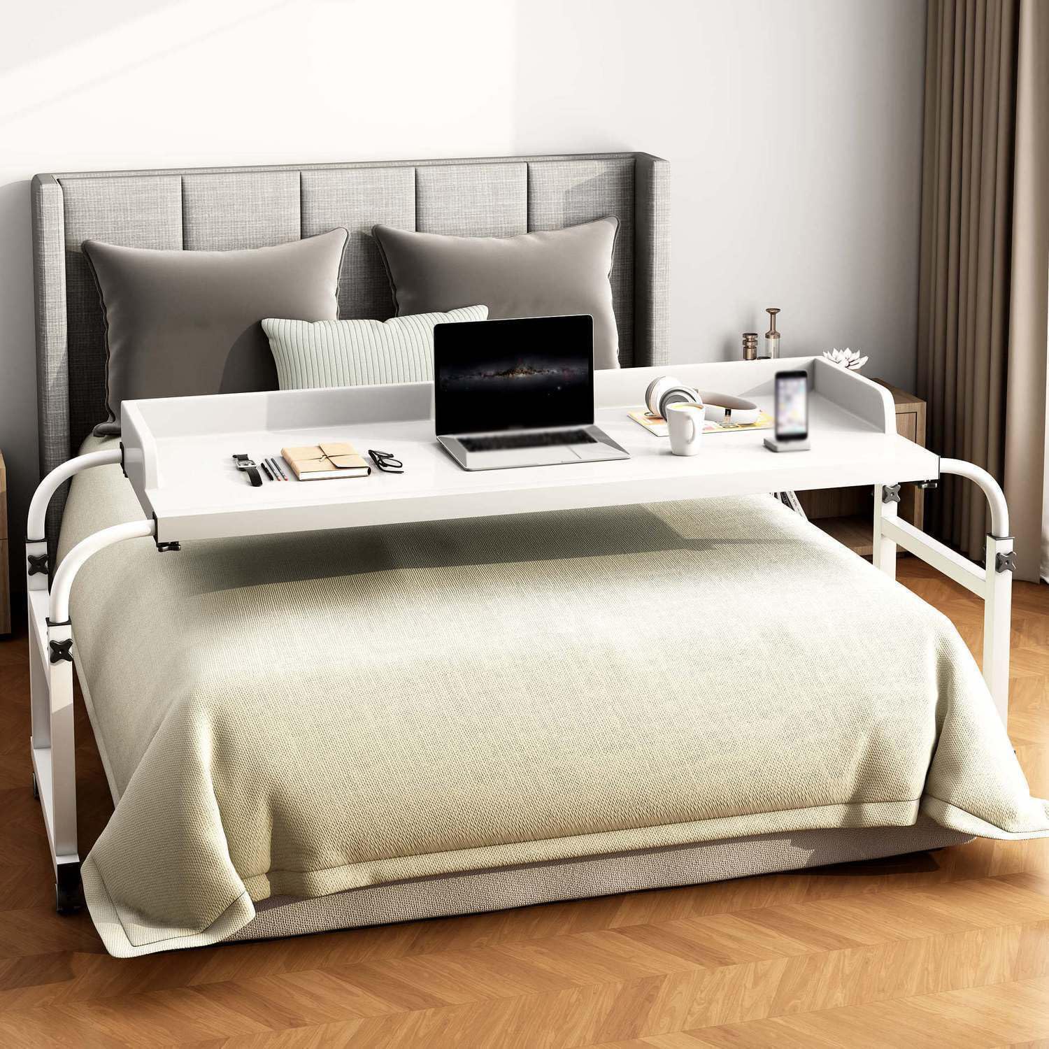 Tavolo con Ruote,tavolino con Ruote Portatutto Tavolino da Salotto Regolabile in Altezza, Multifunzionale 3 in 1 Porta Laptop da Scrivania(Color:White+)