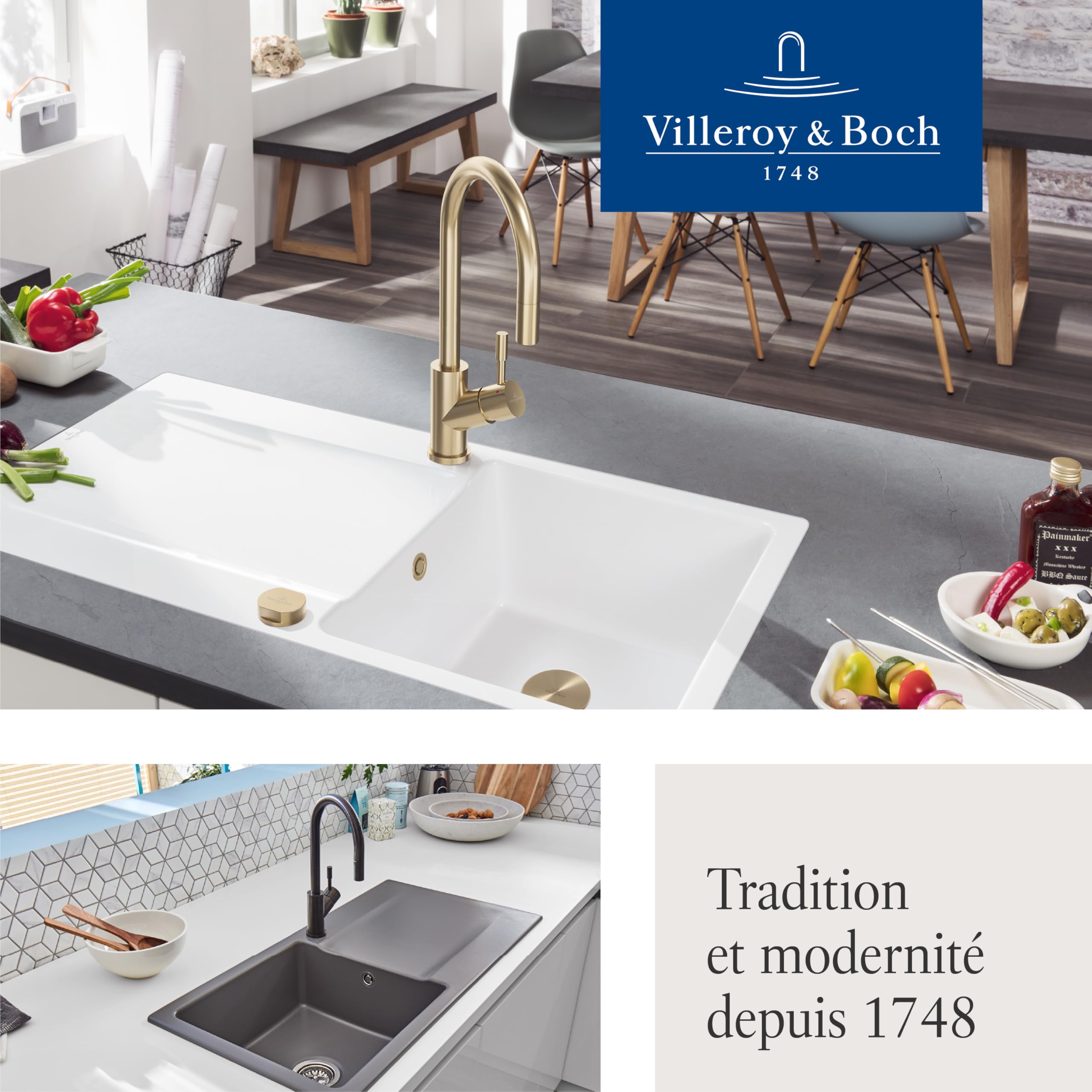 Robinetterie Villeroy & Boch Umbrella Flex, haute pression, robinet avec douchette extractible et rotation 360°, robinetterie économique, bec 220 mm, gold