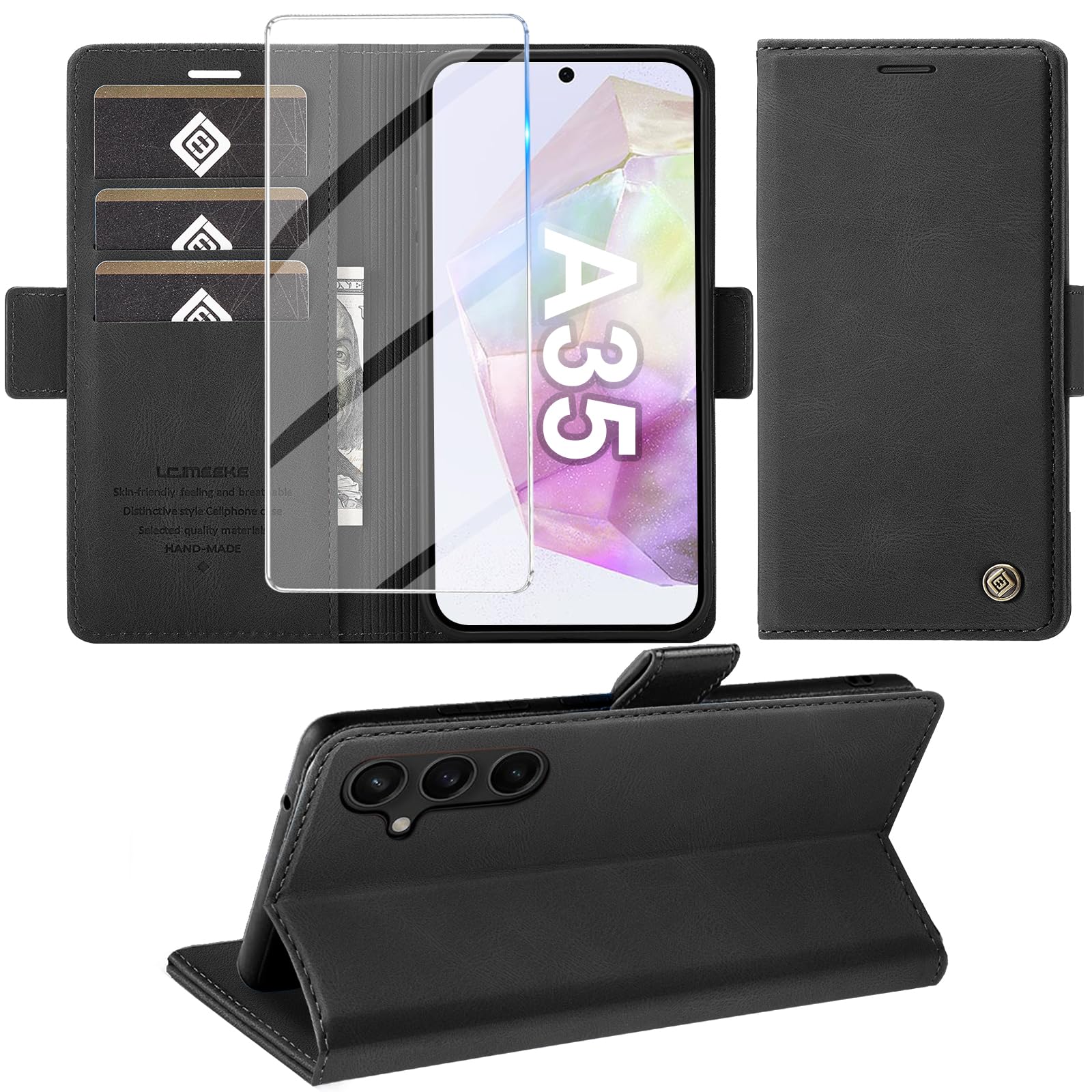 Giyer Cover per Samsung Galaxy A35 5G Custodia con Vetro Temperato, Premium Pelle PU Portafoglio Slot per Scheda RFID Antifurto Funzione Supporto Flip Case, Antiurto per Samsung A35 5G Cover (Nero)