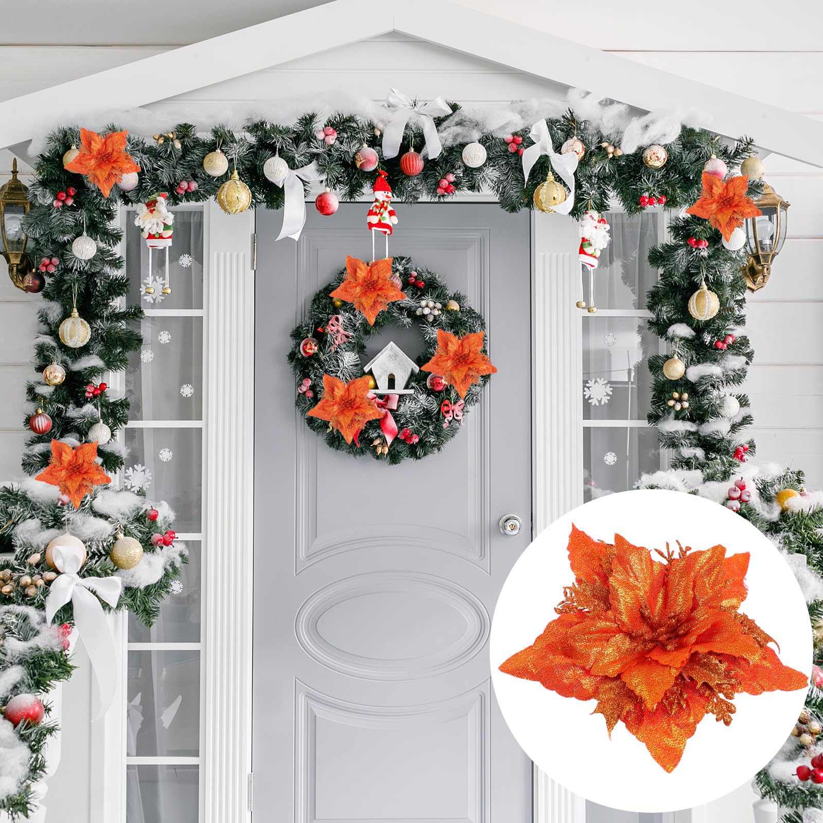 Toddmomy 6pcs Artificial Poinsettia Flower Simulated Wreath Flowers Decorative Floral Accessories Christmas Tree Ornaments for Home Party (Orange) - Image 3