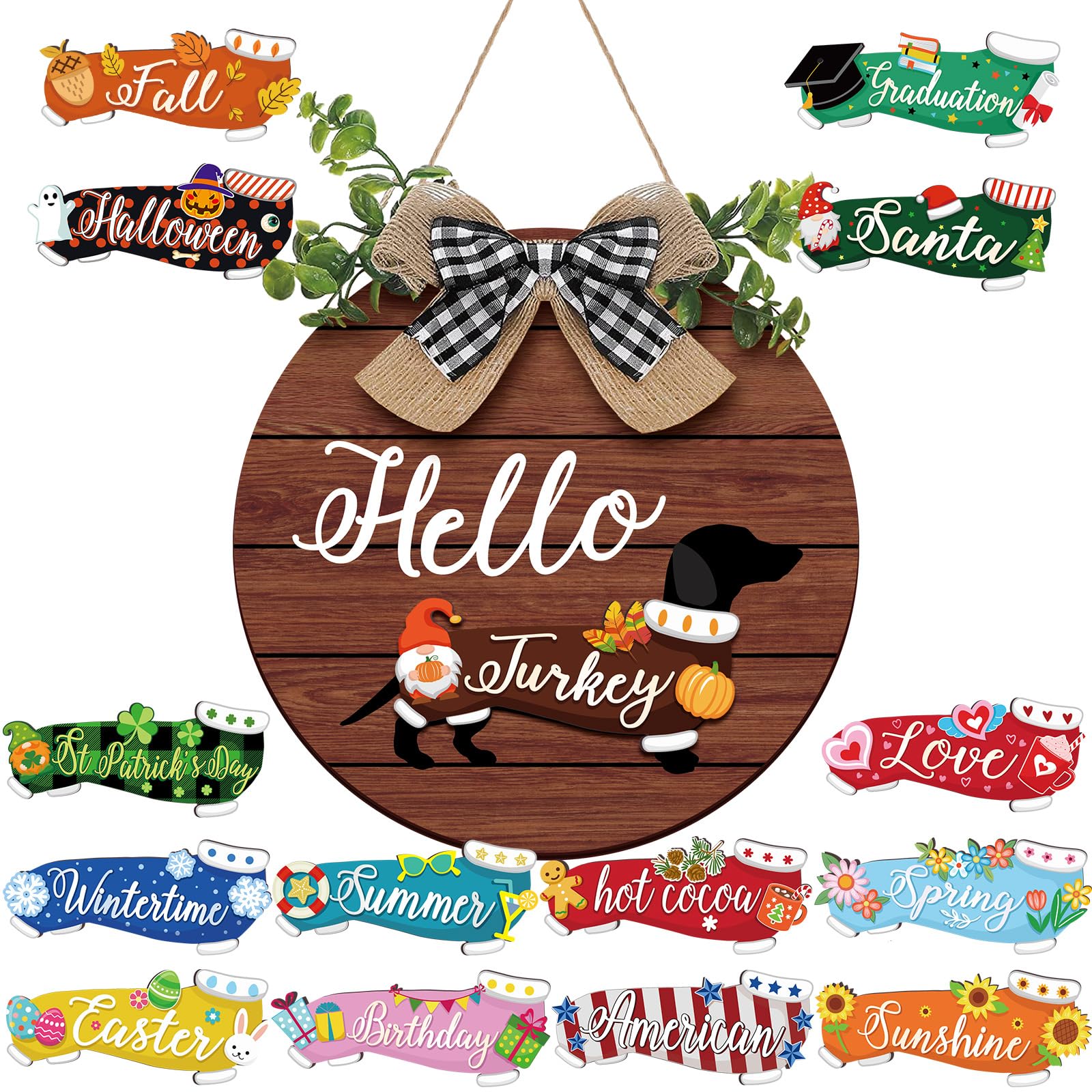 Glenmal 16 Pcs Seasonal Dachshund Door Decor for All Season and Holiday Hanging Cute Christmas Dachshund Welcome Sign Rustic Wooden Farmhouse Front Door Signs Outdoor(Dark Wood Grain)