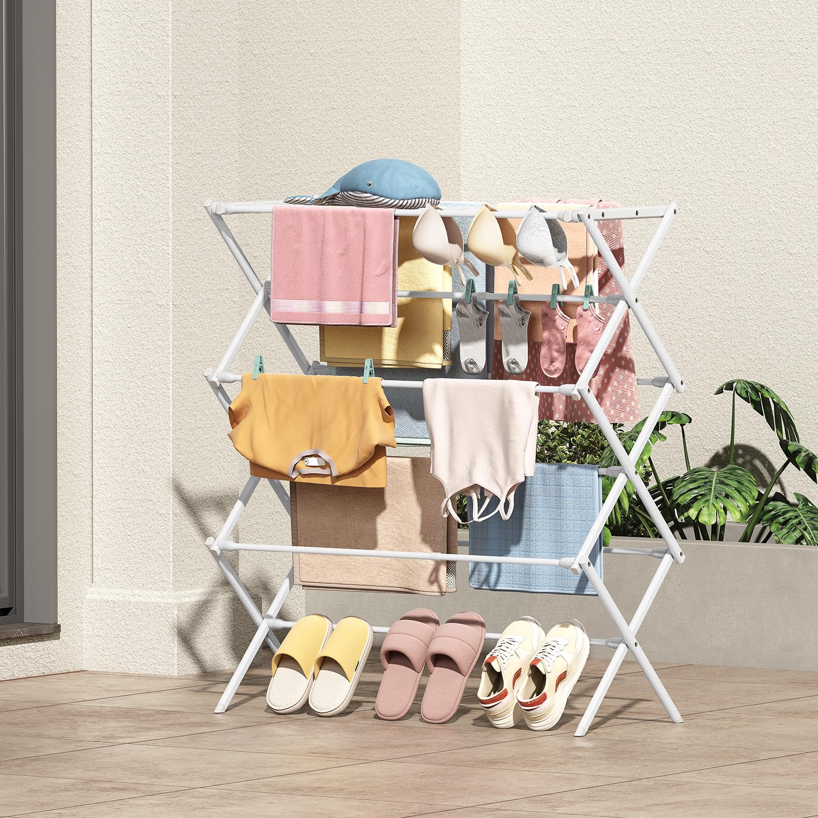 KINGBOARD Stendibiancheria pieghevole, con 11 aste, a 3 livelli, piccolo stendibiancheria pieghevole, per vestiti dei bambini, asciugamano per calzini, capacità 11,3 kg, bianco
