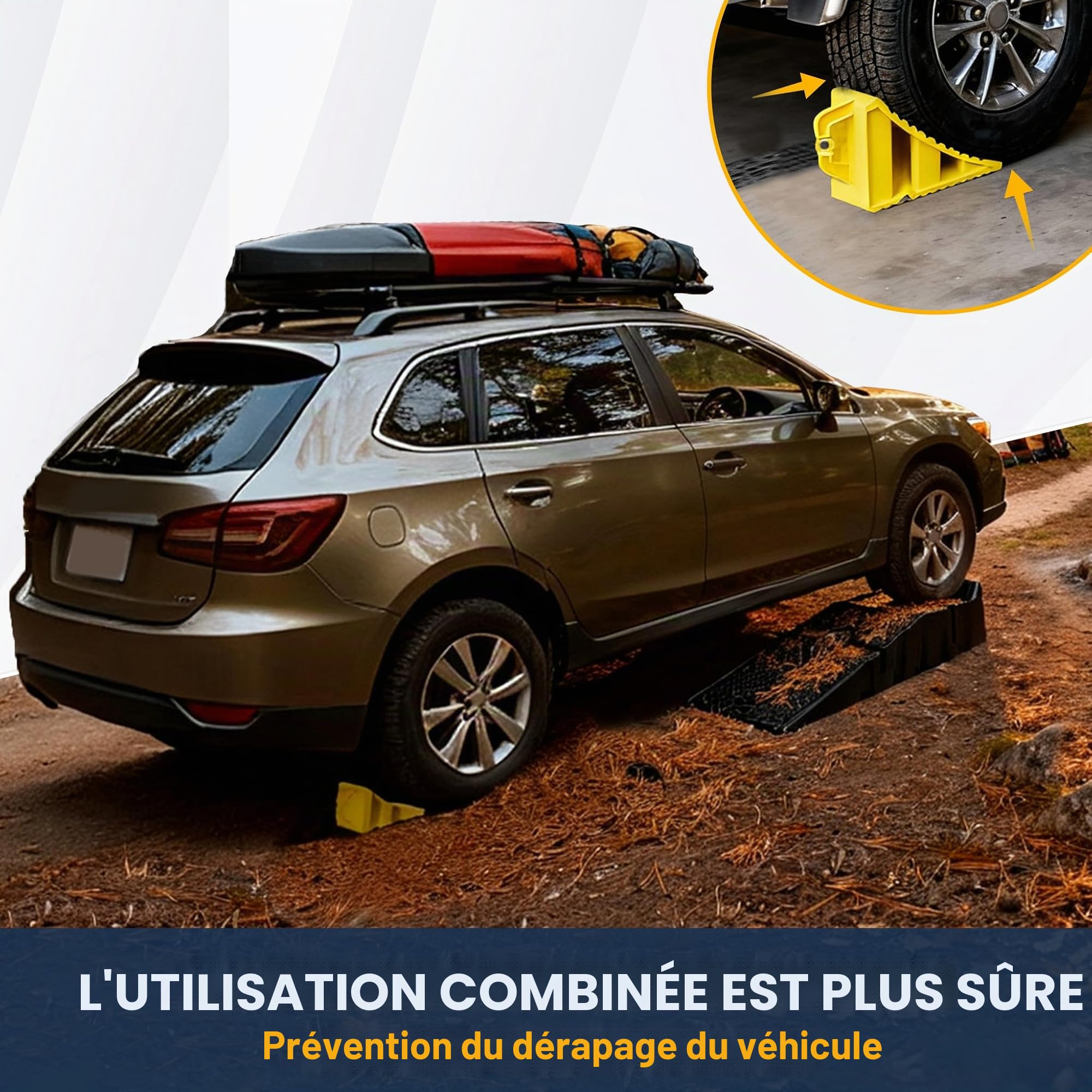 LZQ Lot de 2 rampes en plastique pour voitures, rampes de chargement à charge lourde + Lot de 2 cale-roues, cales de frein pour voitures, camping-cars, remorques, jaune