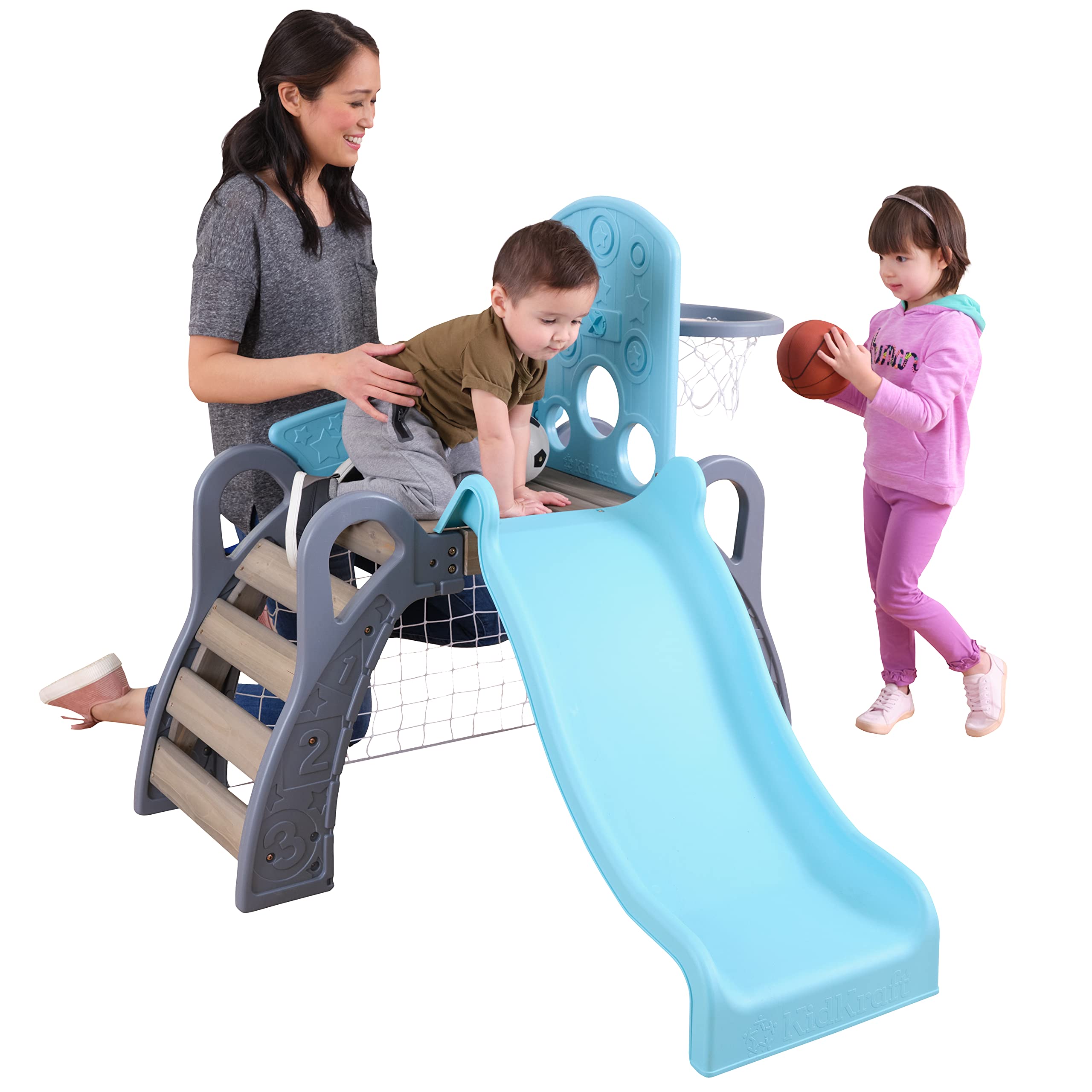 KidKraft Struttura per Arrampicata in Legno (FSC) 5 sport in 1 con Scivolo, Porta da Calcio e Canestro da Basket, Parco Giochi interno ed esterno, Giocattoli per bambini, 20193