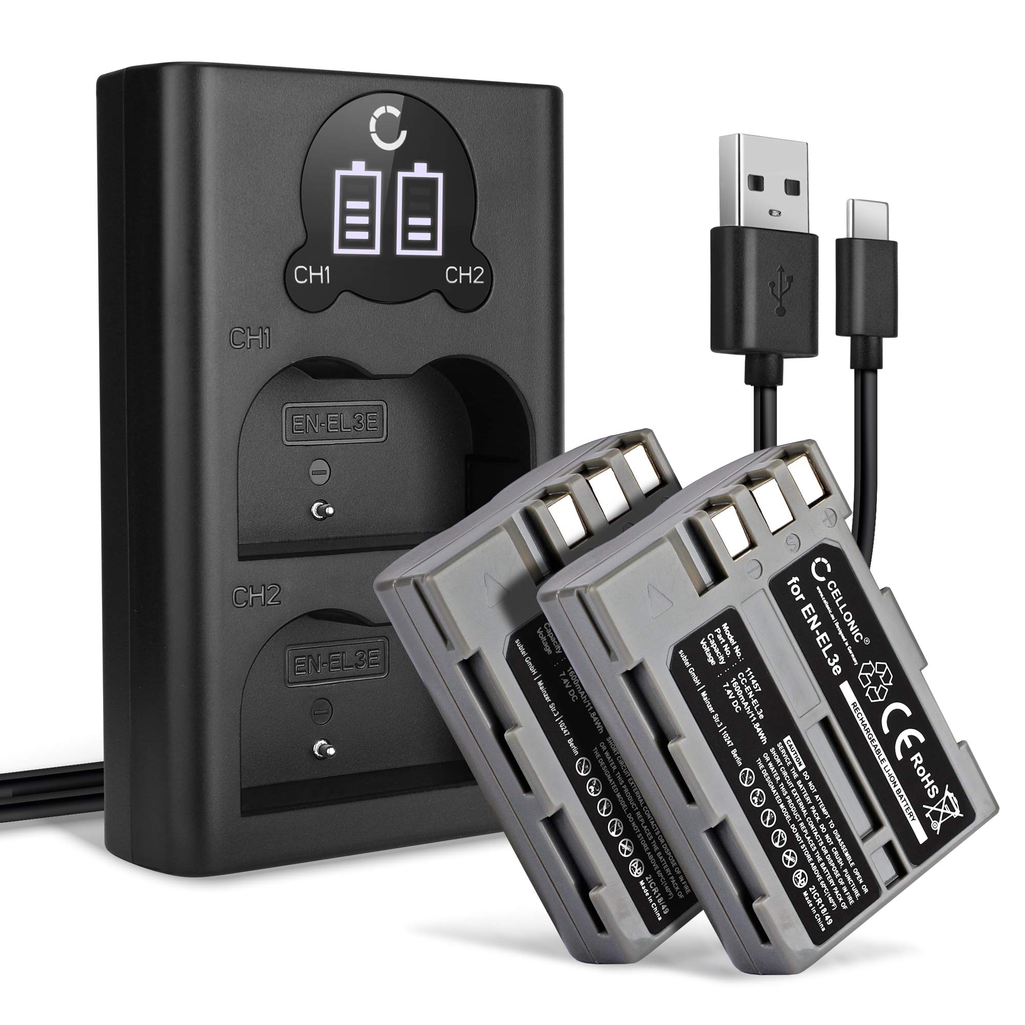 CELLONIC® 2X Bateria EN-EL3e EN-EL3a EN-EL3 Kompatybilny z Nikon D700 D70s D80 D900 D100 D200 D300 D300S D50 D70, 1600mAh + podwójna ładowarka MH-18a bateria zamienna Stos
